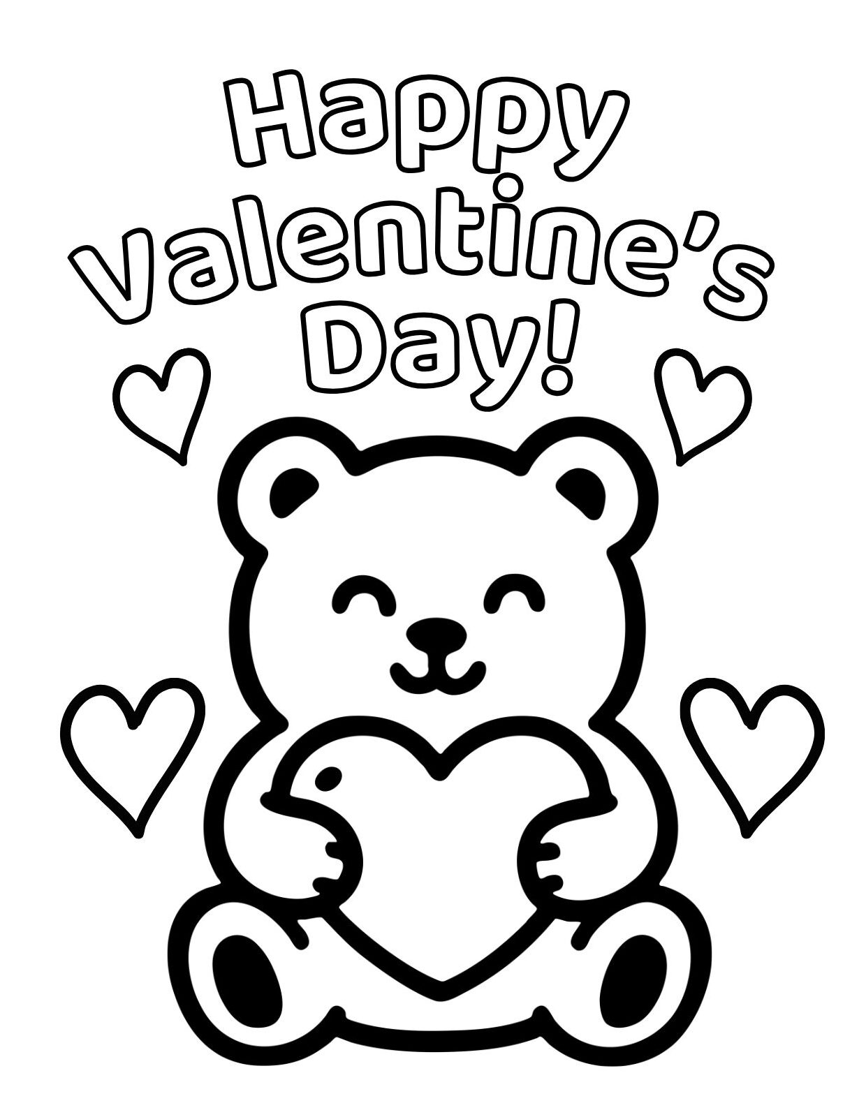 Happy Valentine’s Day Bear Coloring Page Holding a Heart (Free Printable PDF)
