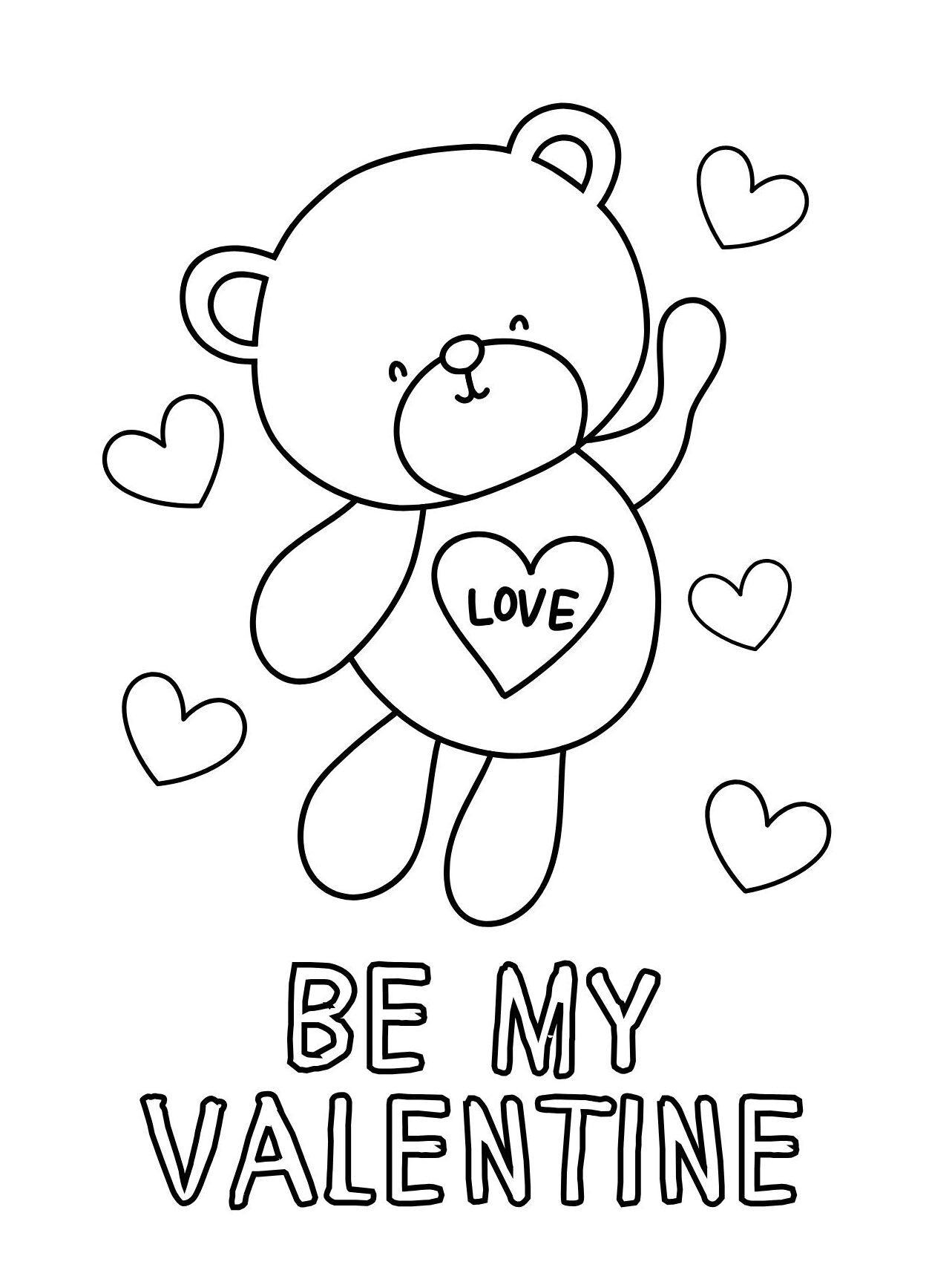 Be My Valentine Bear Coloring Page with LOVE Heart (Free Printable PDF)