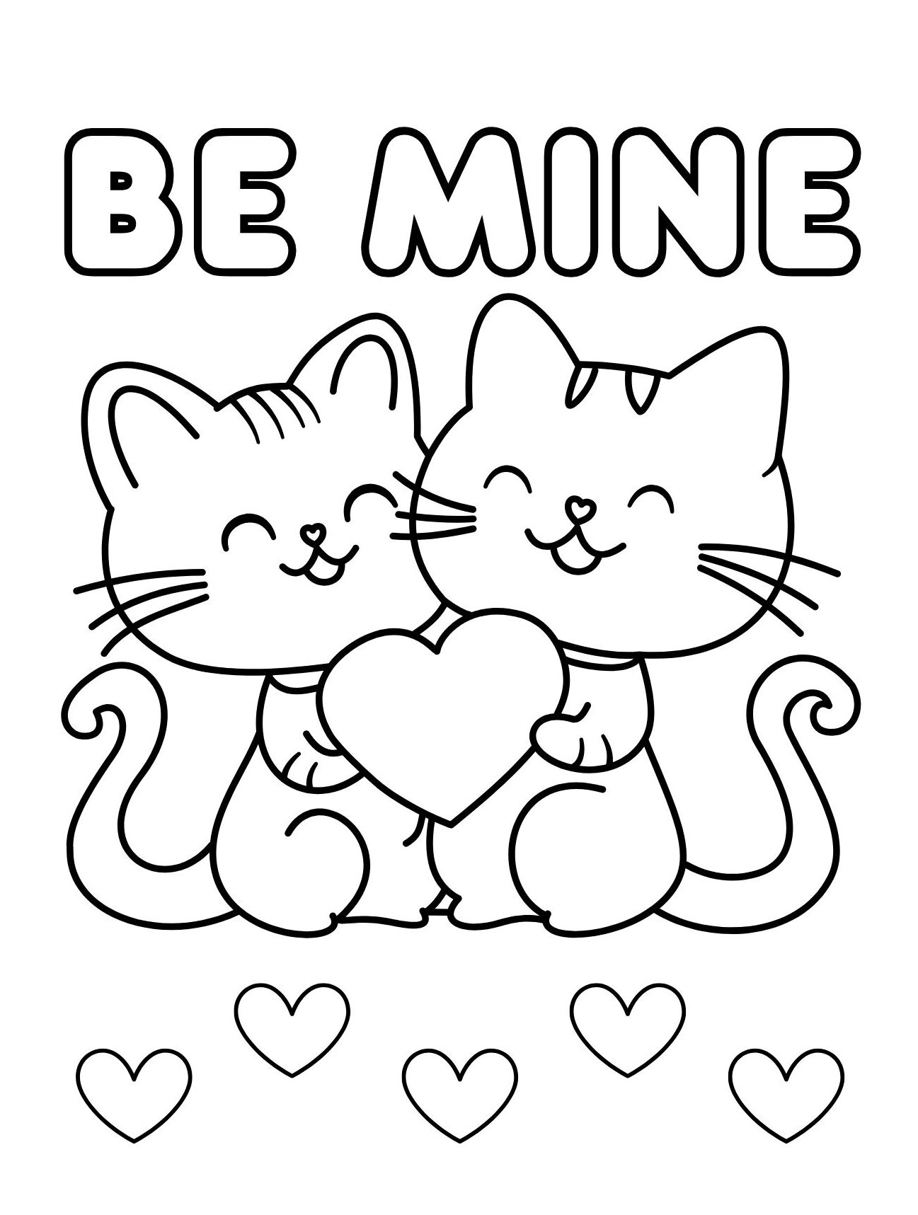 Be Mine Cat Coloring Page with Two Cats Sharing a Heart (Free Printable PDF)