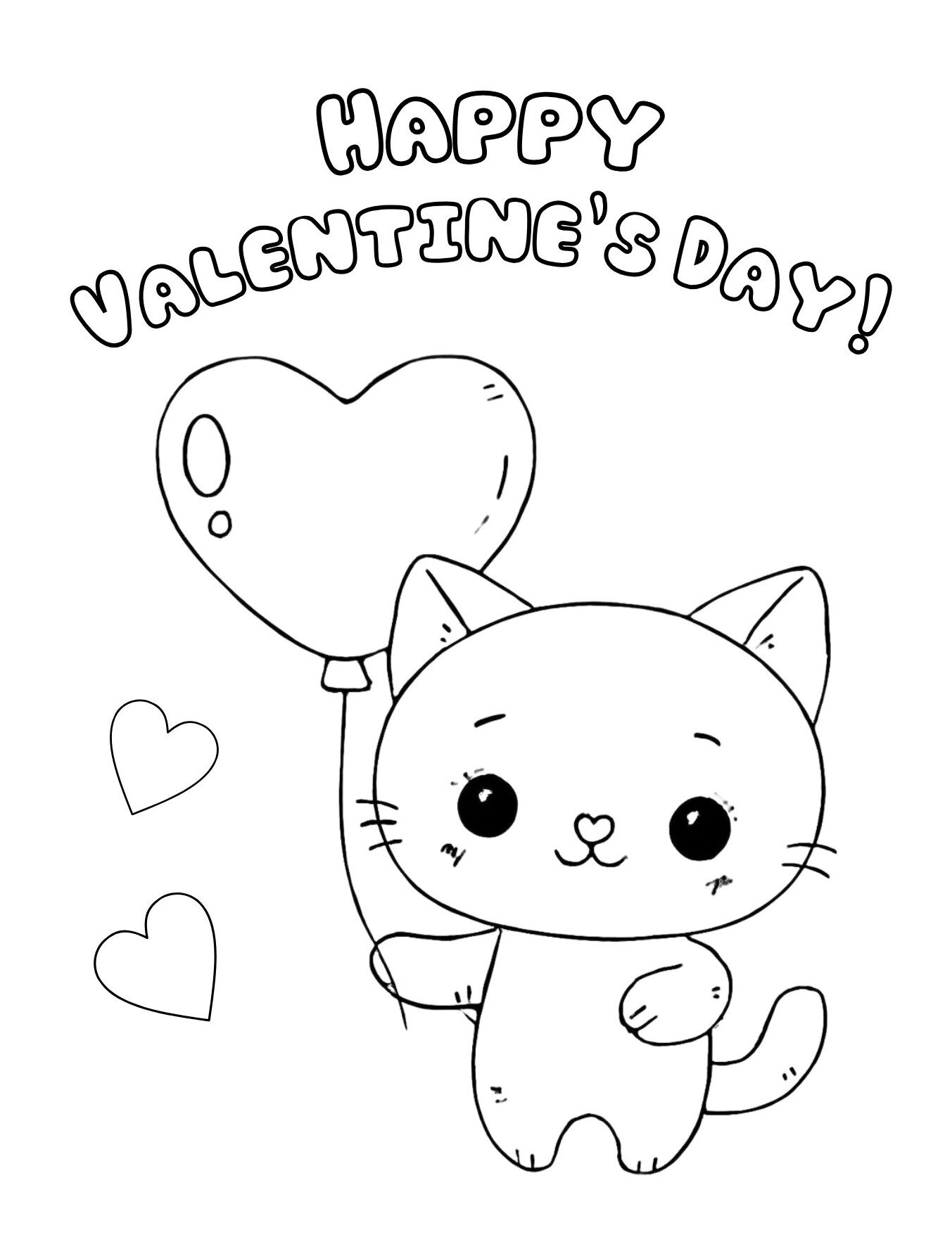 Valentine Cat Coloring Page with Heart Balloon (Free Printable PDF)