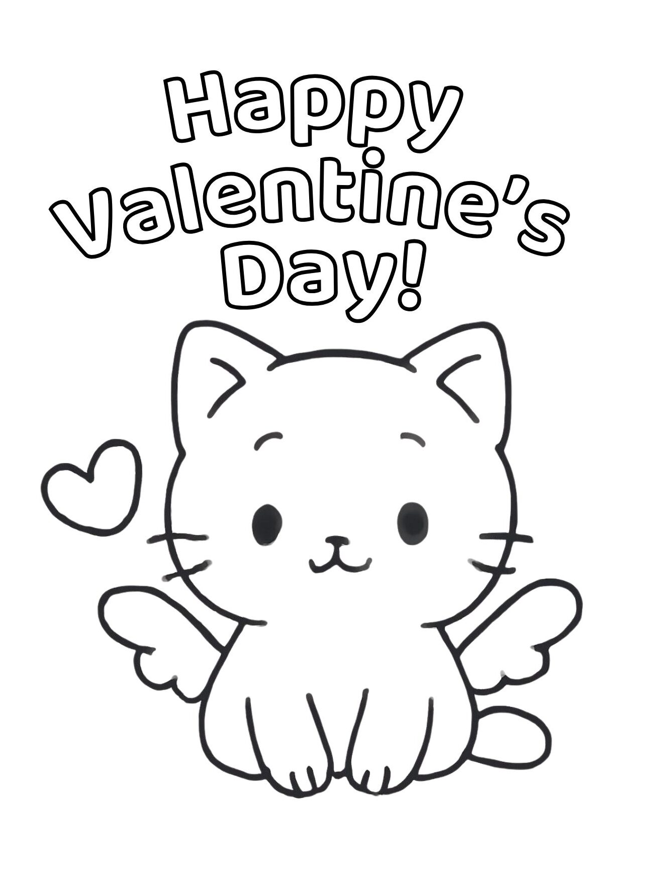 Valentine Cat Coloring Page with Wings and Hearts (Free Printable PDF)