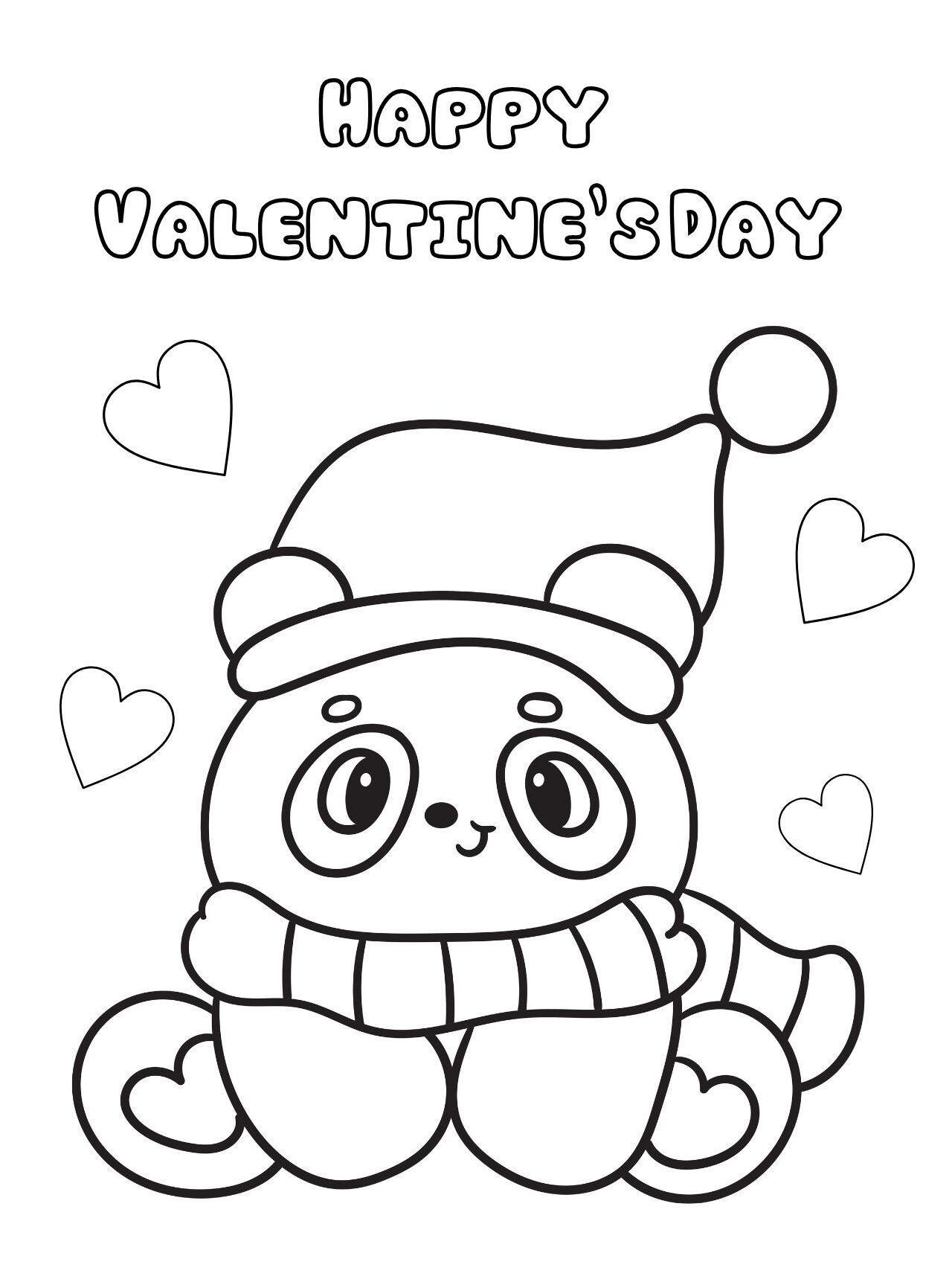 Valentine Panda Coloring Page with Winter Hat and Hearts (Free Printable PDF)