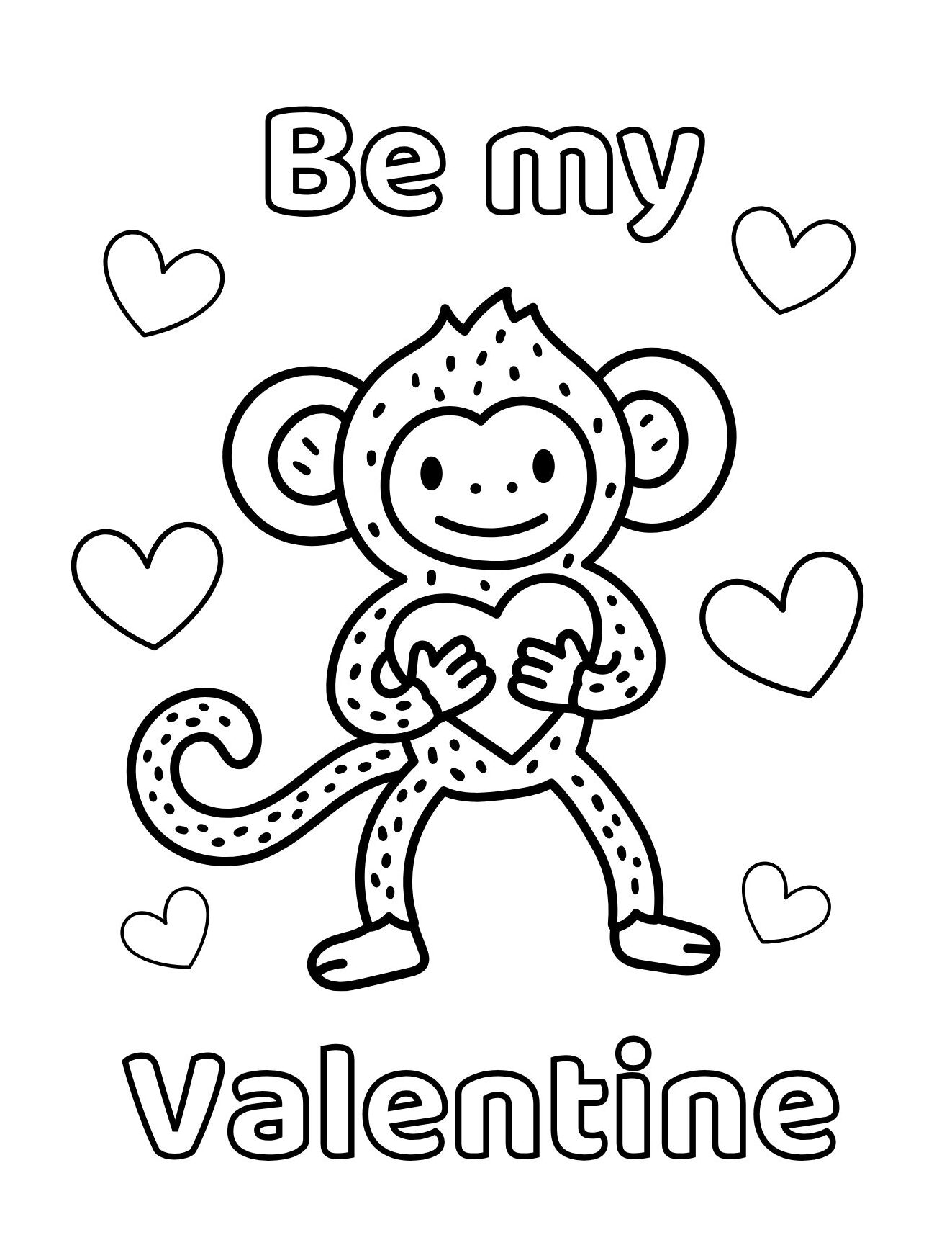 Be My Valentine Monkey Coloring Page Holding a Heart (Free Printable PDF)