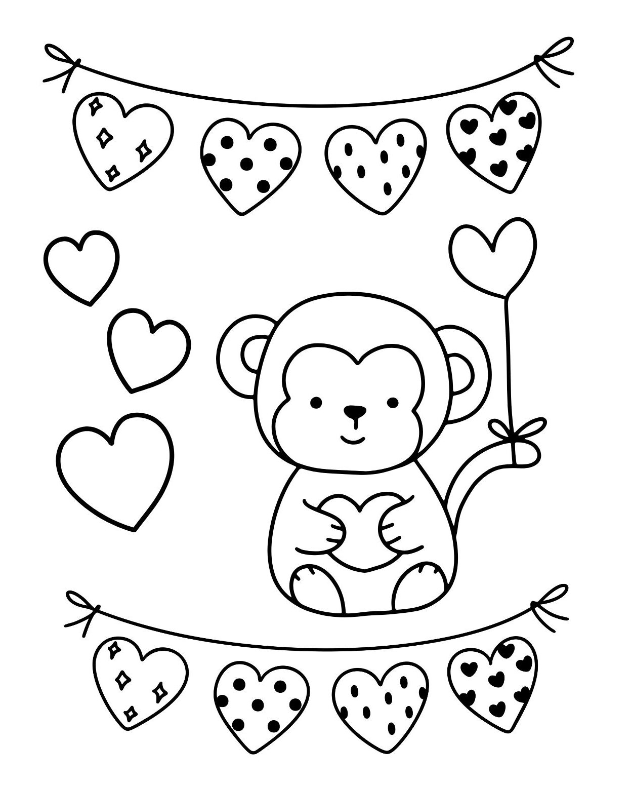 Monkey with Heart Garland Coloring Page