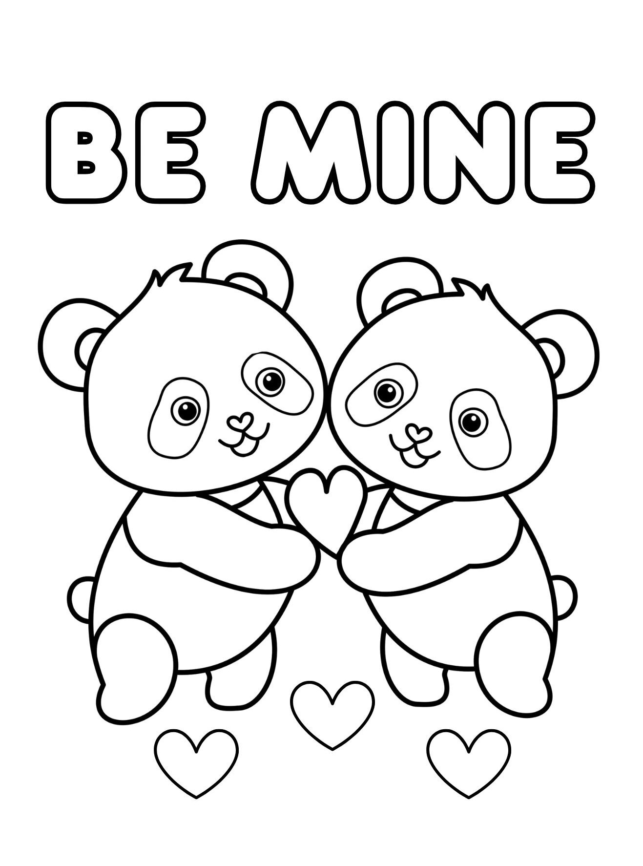 Be Mine Panda Coloring Page with Two Pandas Holding a Heart (Free Printable PDF)