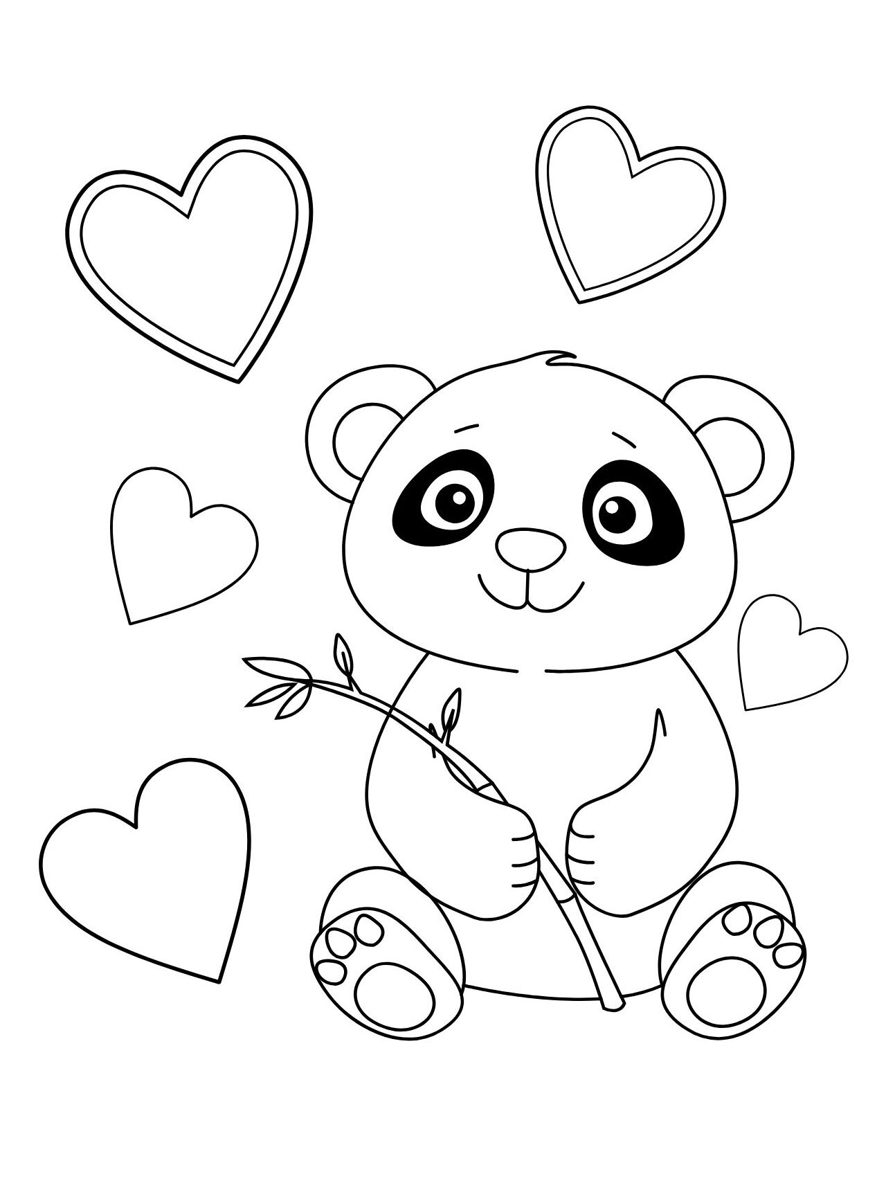 Valentine Panda Coloring Page with Hearts and a Flower (Free Printable PDF)