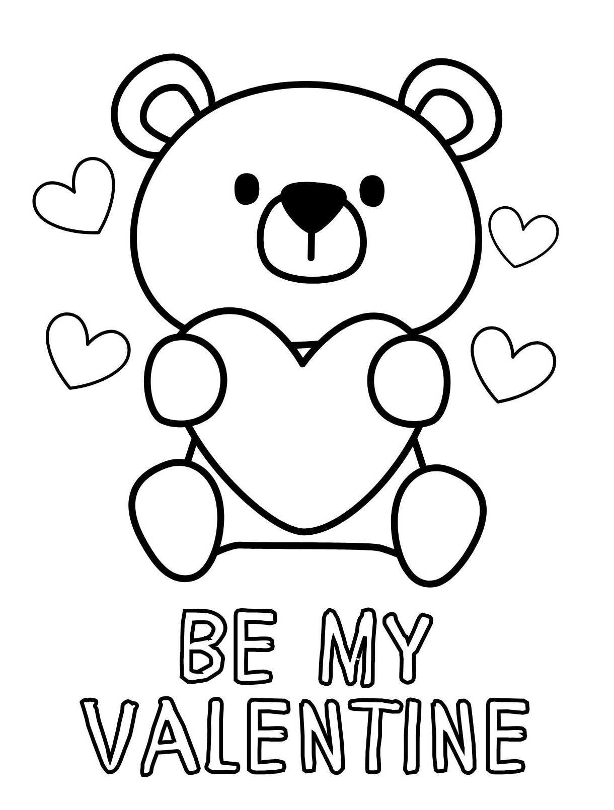 Be My Valentine Bear Coloring Page with Heart (Free Printable PDF)