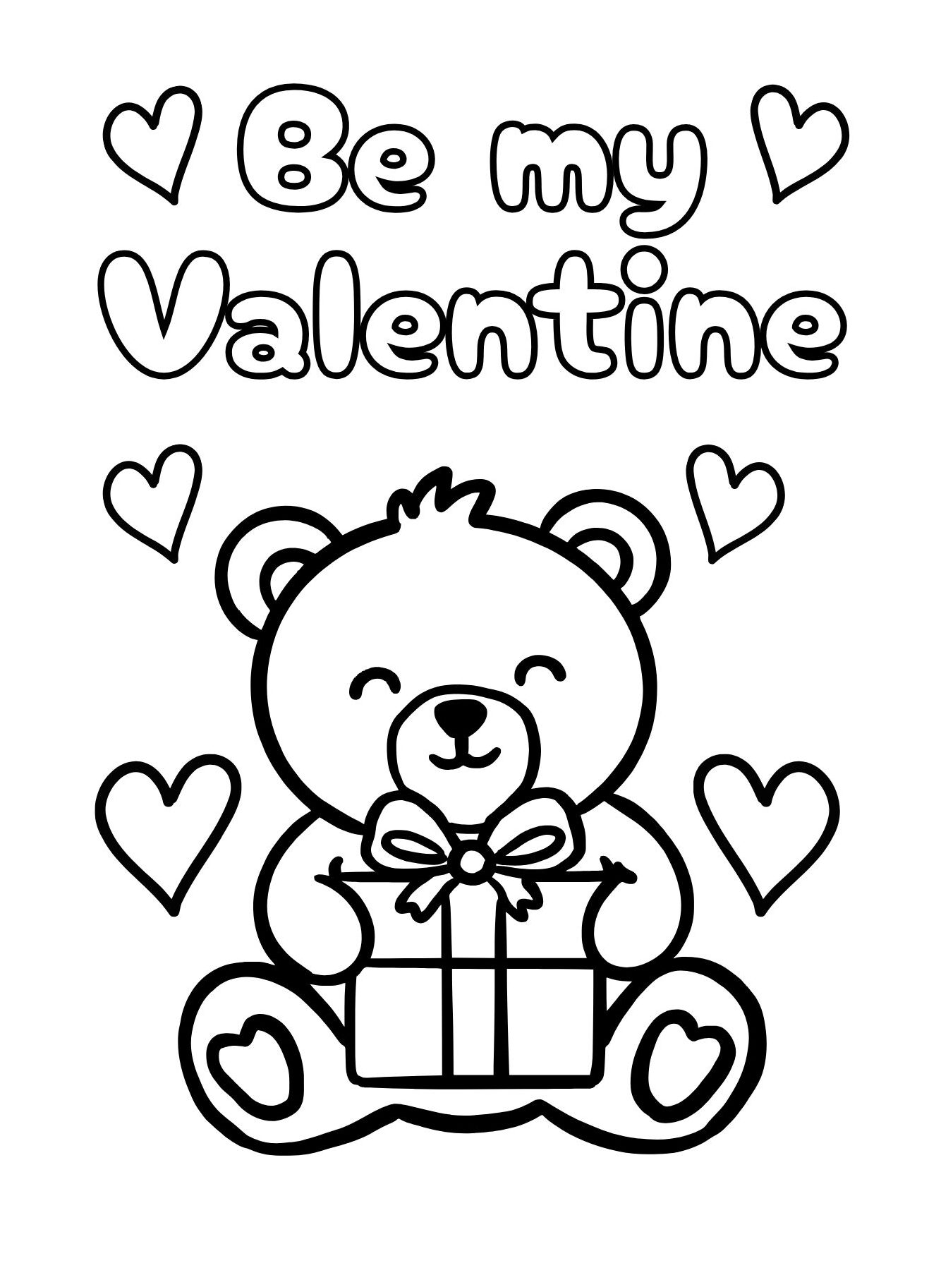 Be My Valentine Bear Coloring Page with Gift Box (Free Printable PDF)