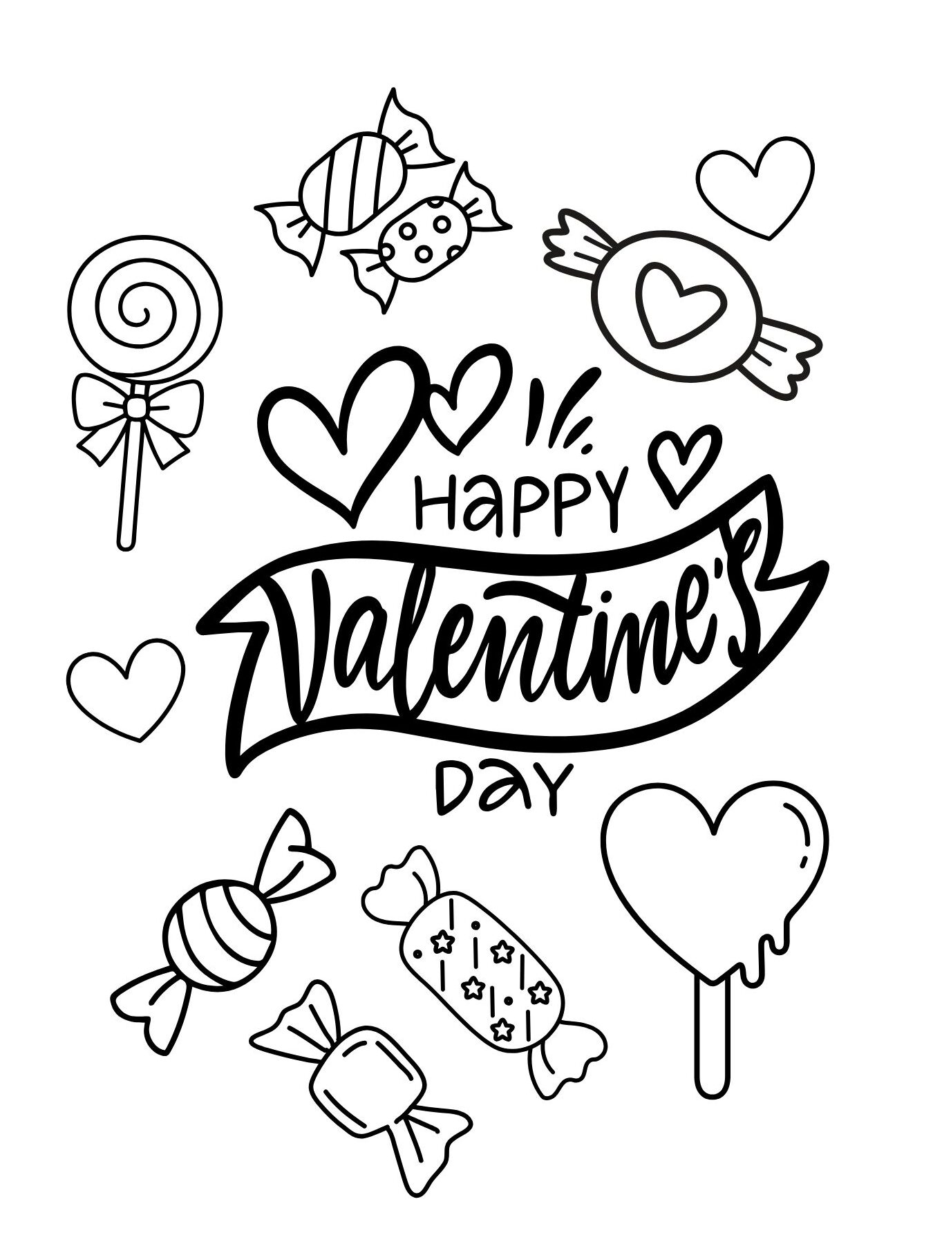 Valentine’s Day Coloring Page with Candy, Hearts, and Lettering (Free Printable PDF)