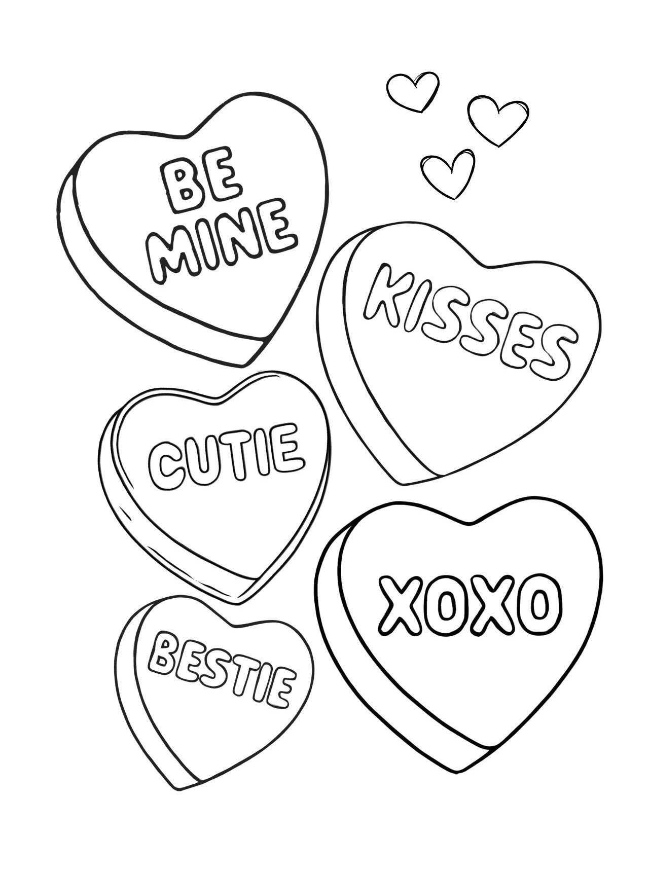 Conversation Heart Coloring Page with Valentine Words (Free Printable PDF)