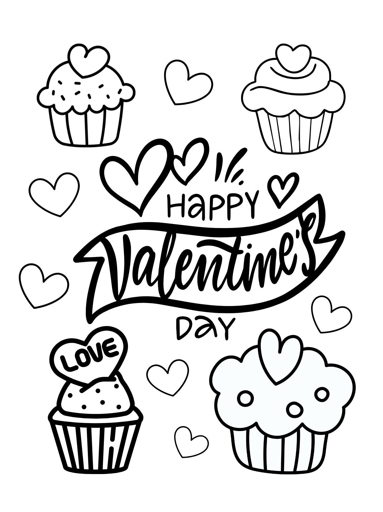 Valentine’s Day Coloring Page with Cupcakes and Lettering (Free Printable PDF)