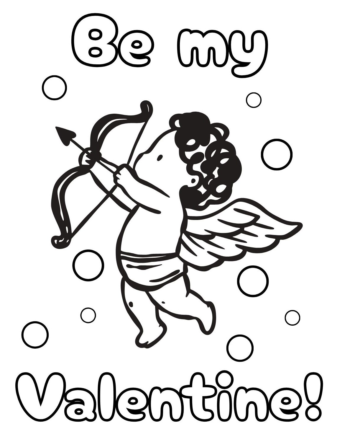 Be My Valentine Coloring Page with Cupid and Arrow (Free Printable PDF)