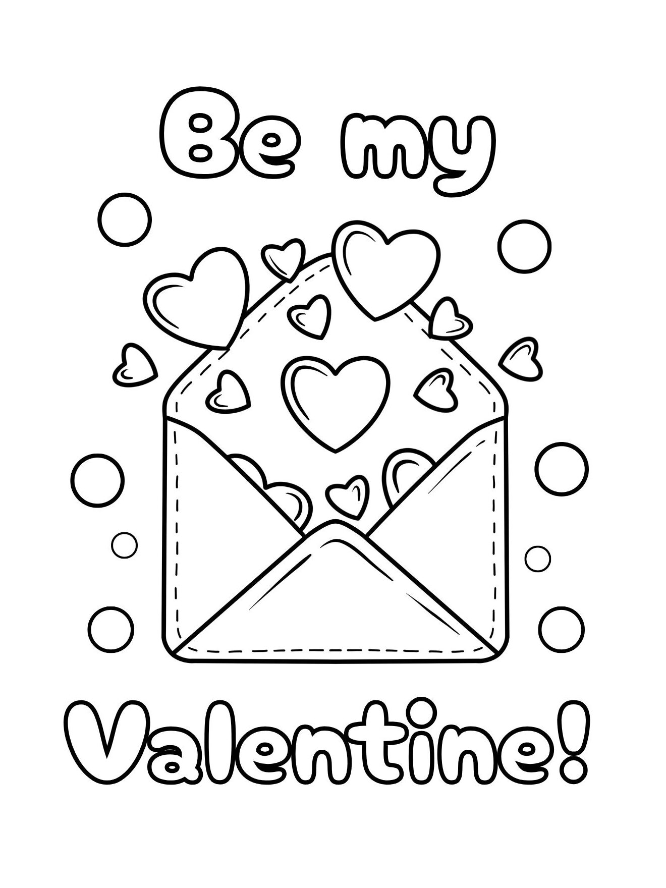 Be My Valentine Coloring Page with Open Envelope and Hearts (Free Printable PDF)
