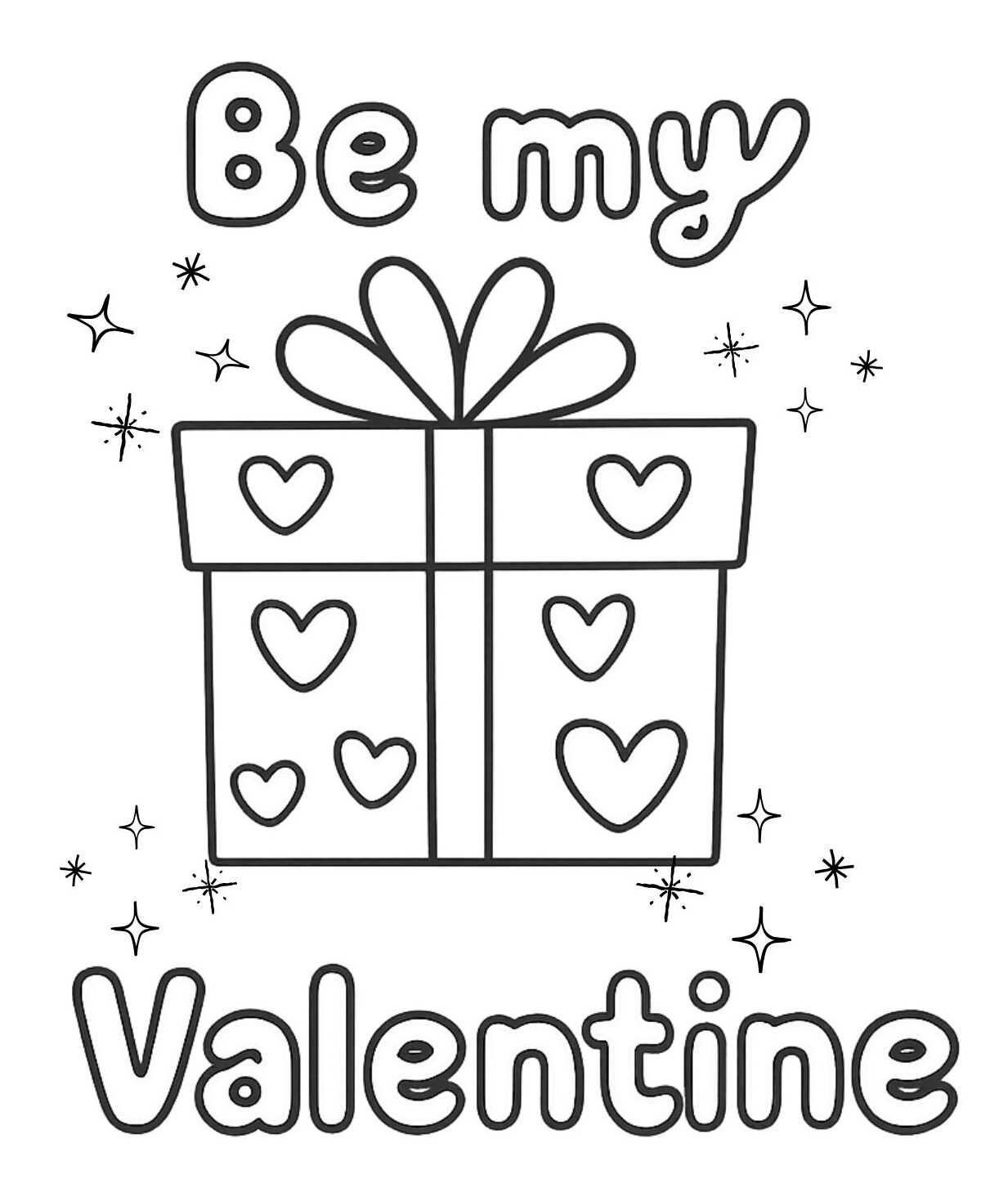 Be My Valentine Coloring Page with Gift Box and Text (Free Printable PDF)