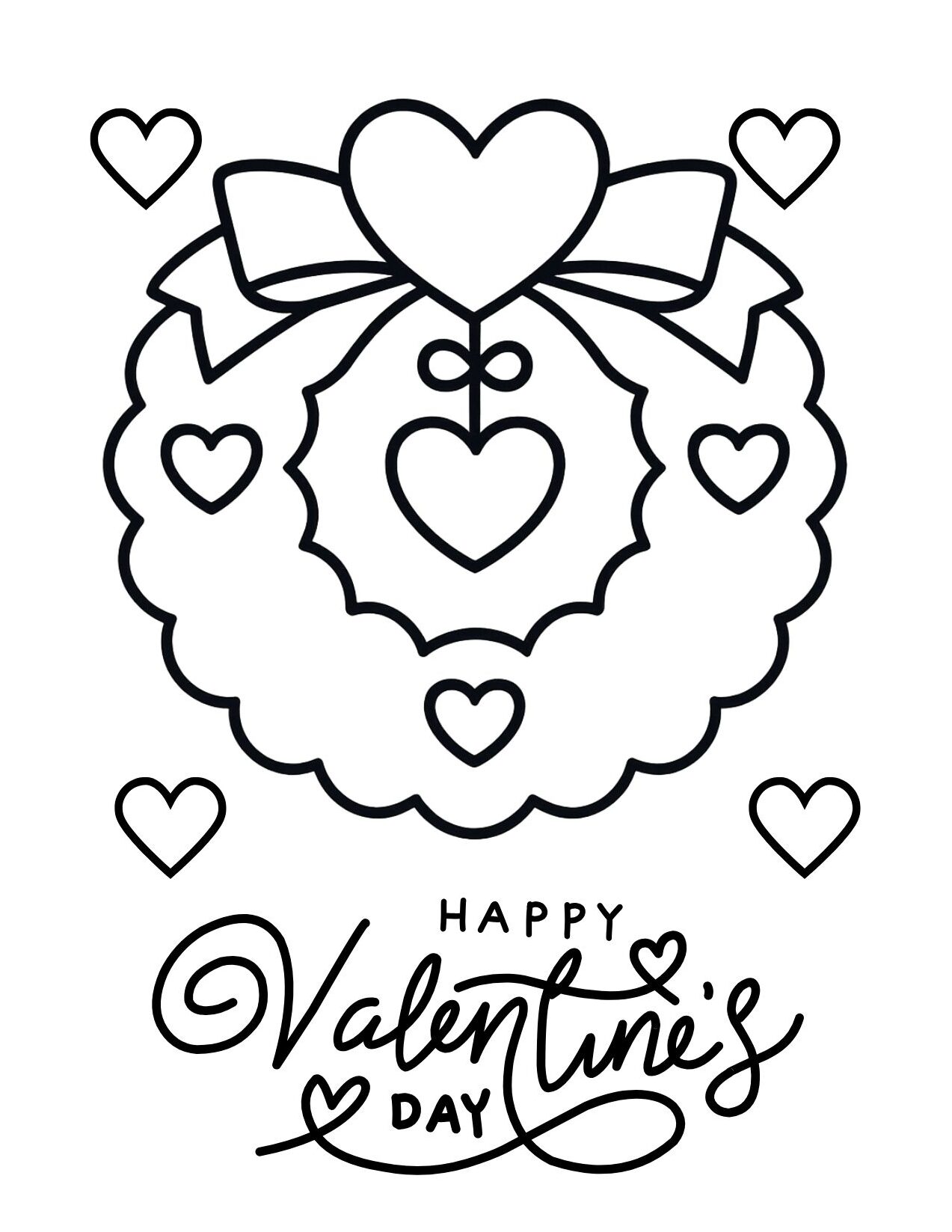 Valentine’s Day Wreath Coloring Page with Hearts and Bow (Free Printable PDF)