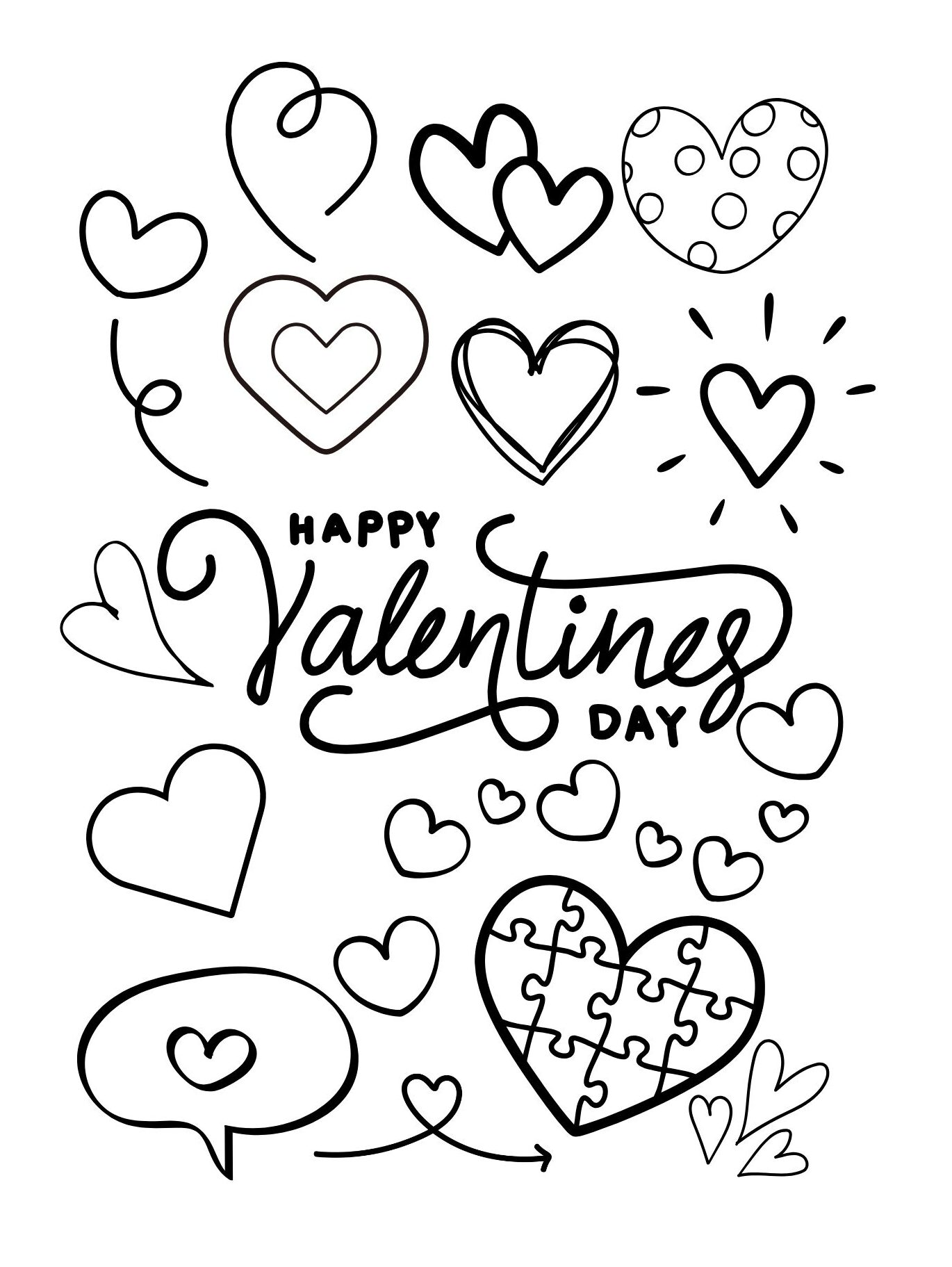 Valentine’s Day Coloring Page with Hearts and Lettering (Free Printable PDF)