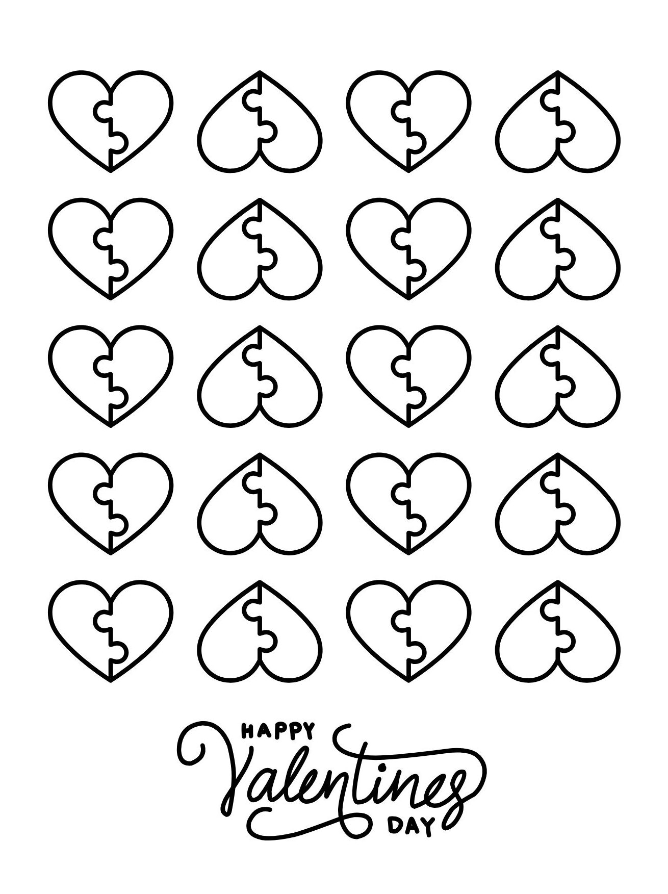 Valentine’s Day Coloring Page with Repeating Heart Pieces and Lettering (Free Printable PDF)