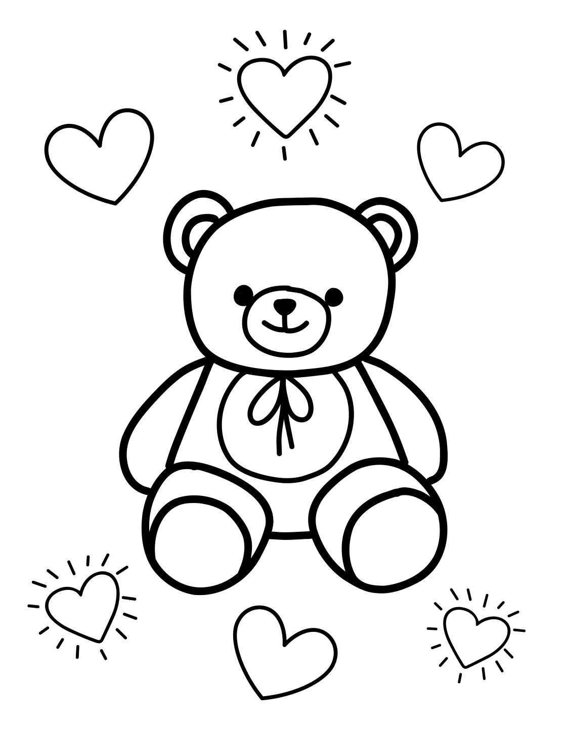 Bear Coloring Page: Cute Teddy Bear and Hearts (Free Printable PDF)