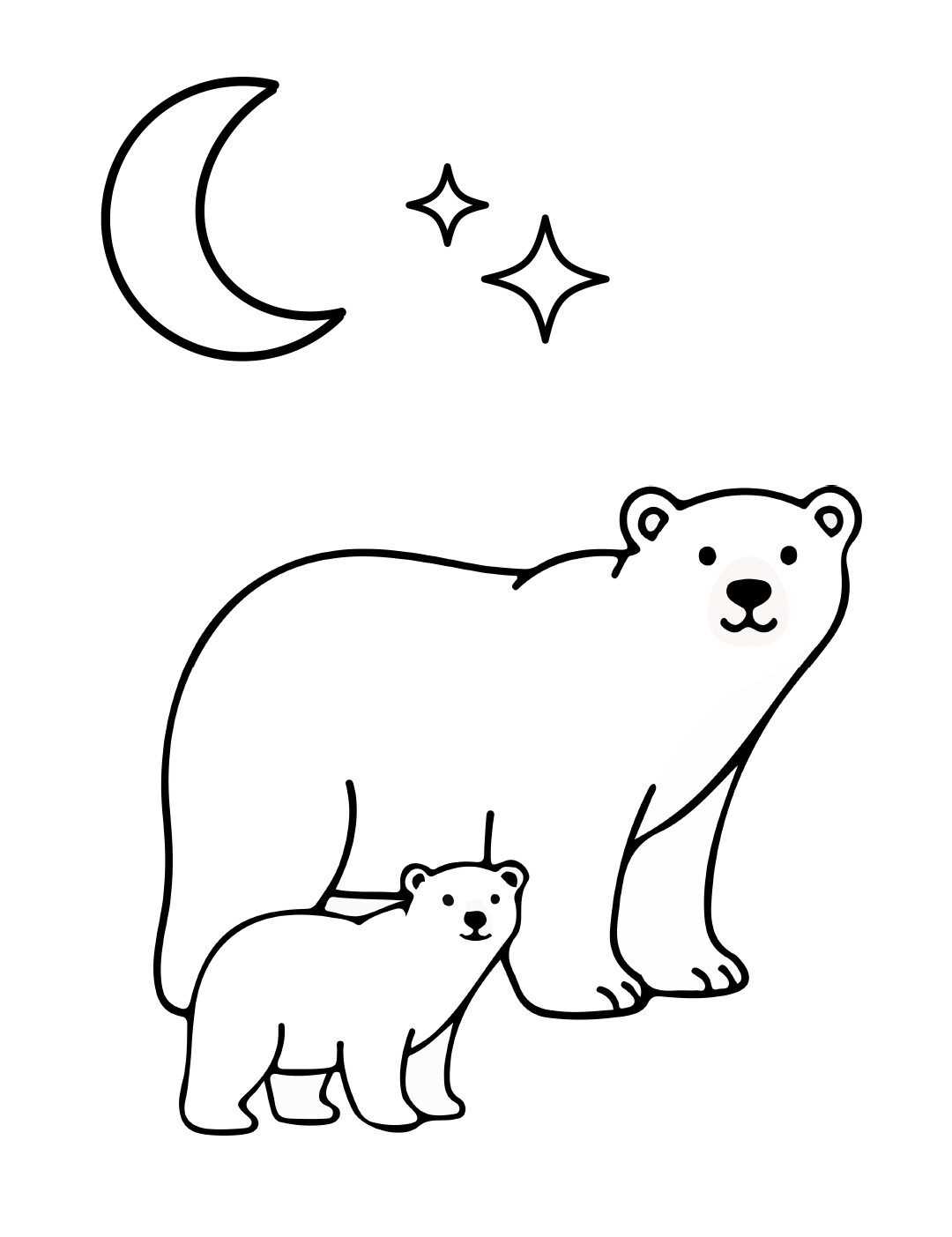 Polar Bear Coloring Page: Mom and Cub Under the Moon (Free Printable PDF)