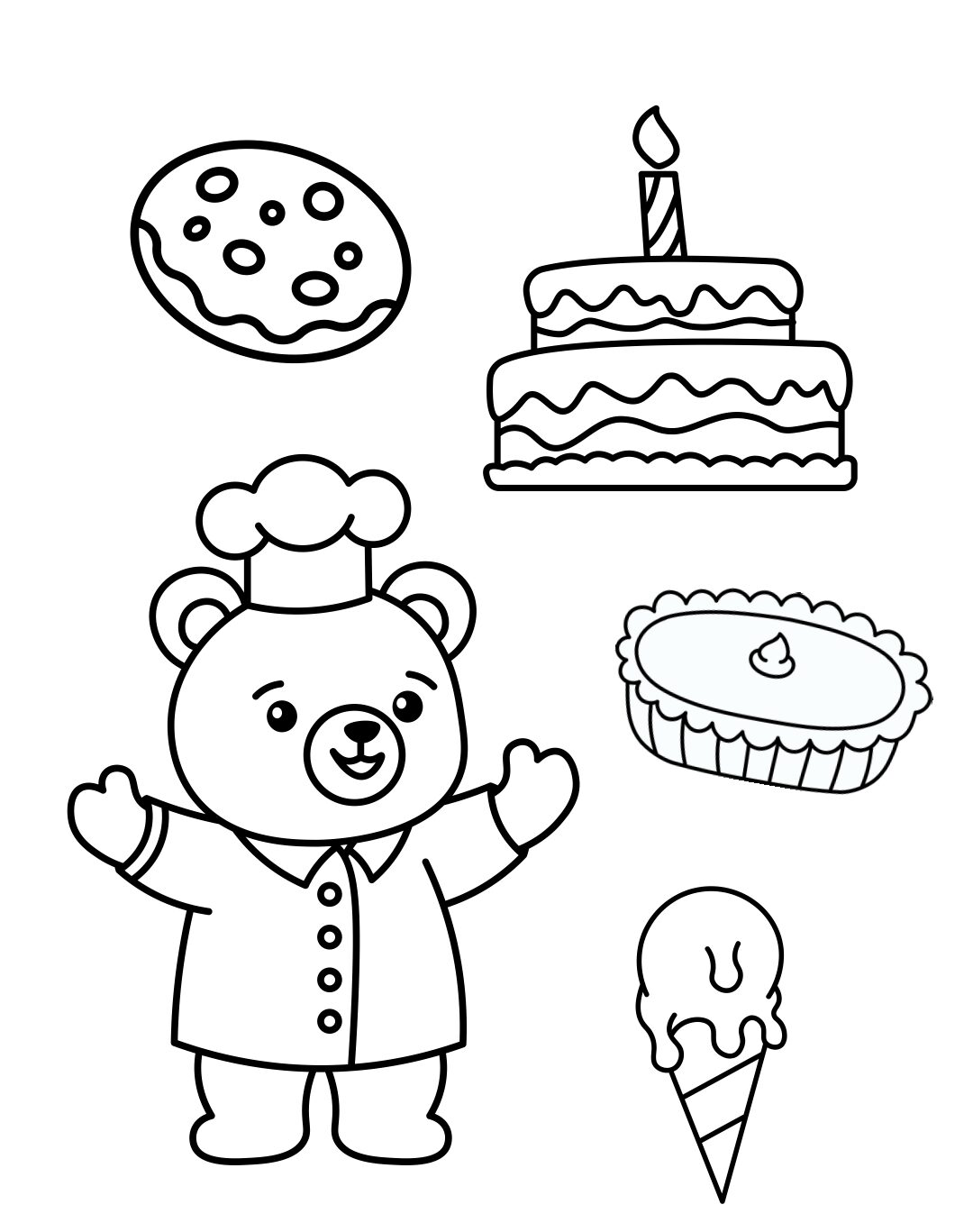 Bear Coloring Page: Teddy Bear Baker With Sweets (Free Printable PDF)