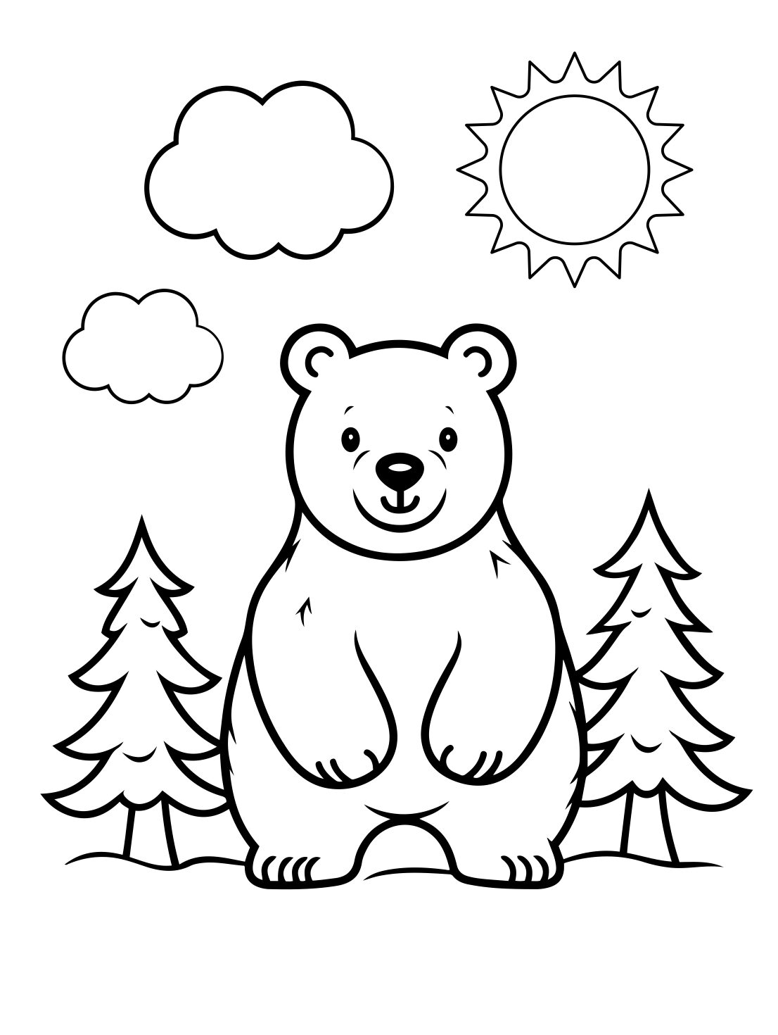 Bear Coloring Page: Forest Bear With Sun and Trees (Free Printable PDF)