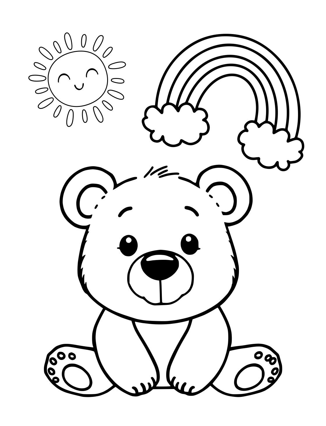 Bear Coloring Page: Cute Bear With Rainbow and Sun (Free Printable PDF)