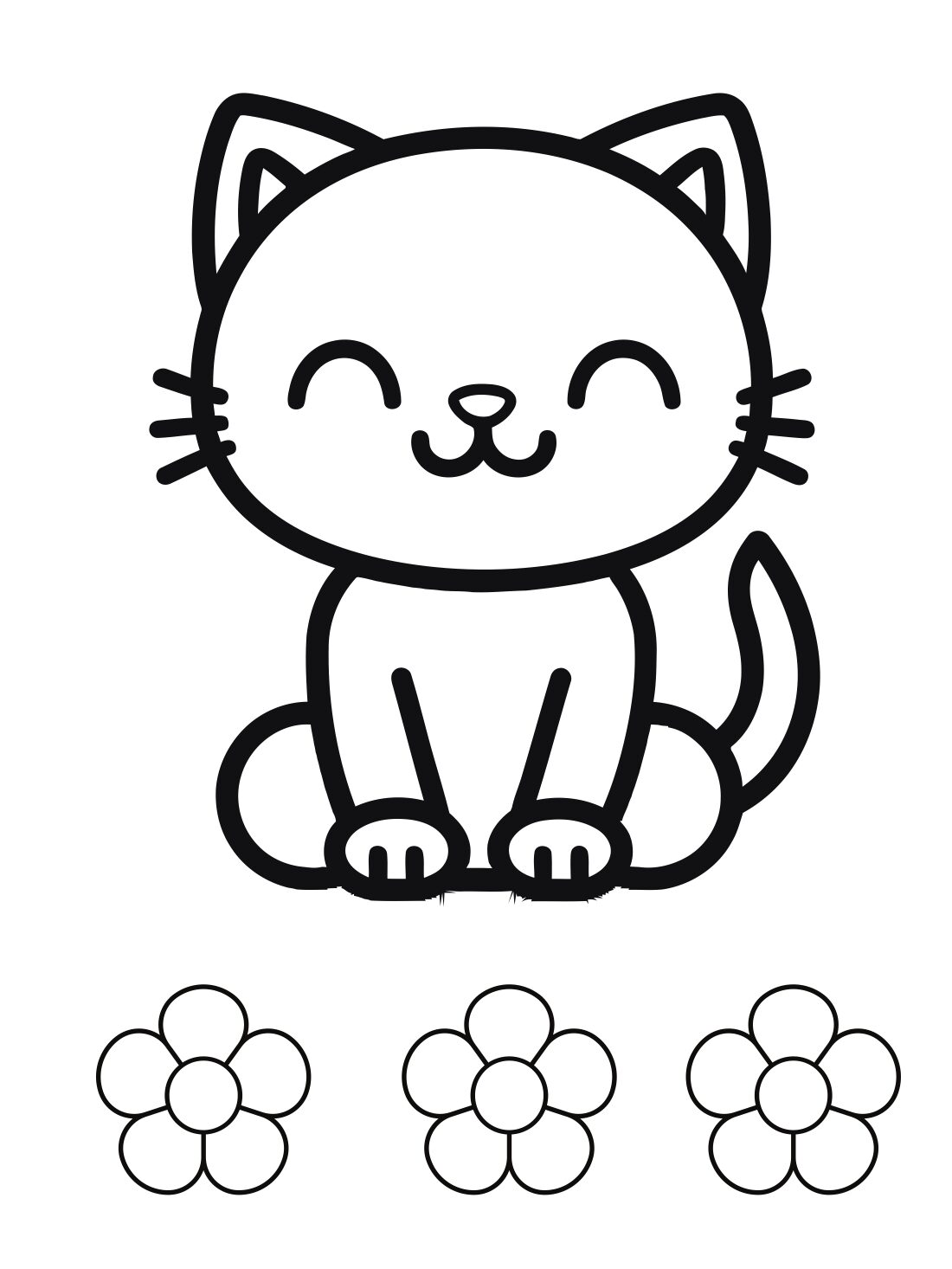 Cat Coloring Page: Smiling Kitty With Flowers (Free Printable PDF)