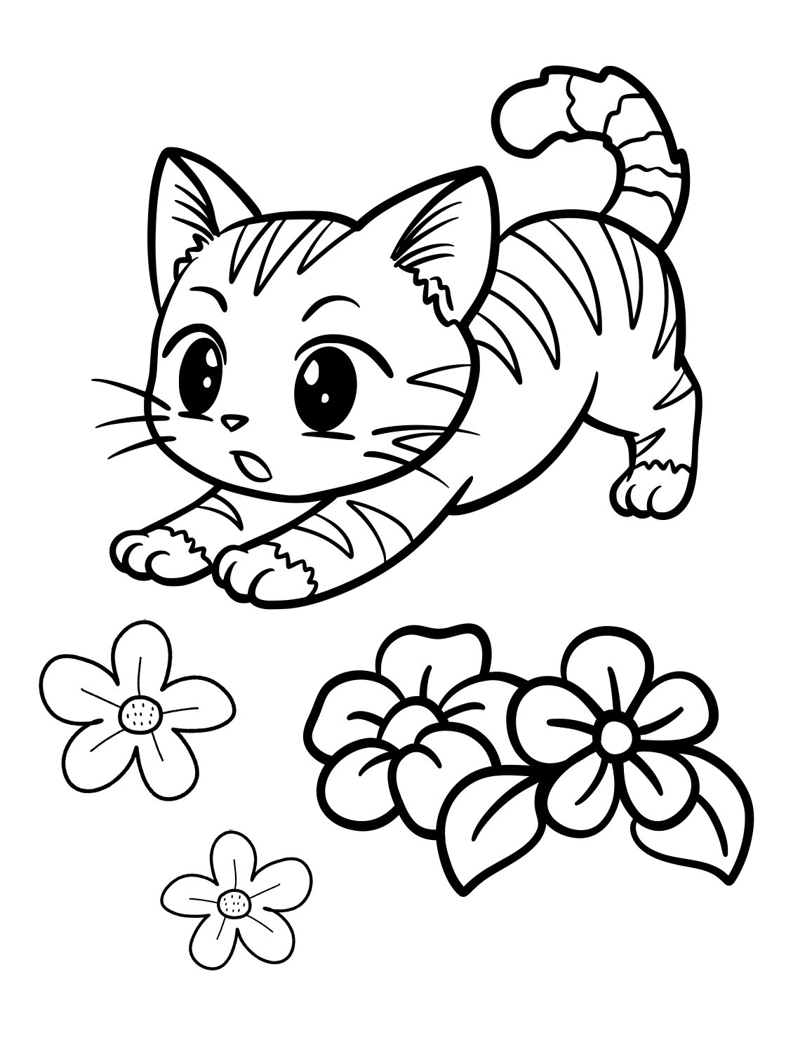 Cat Coloring Page: Stretching Kitten With Flowers (Free Printable PDF)