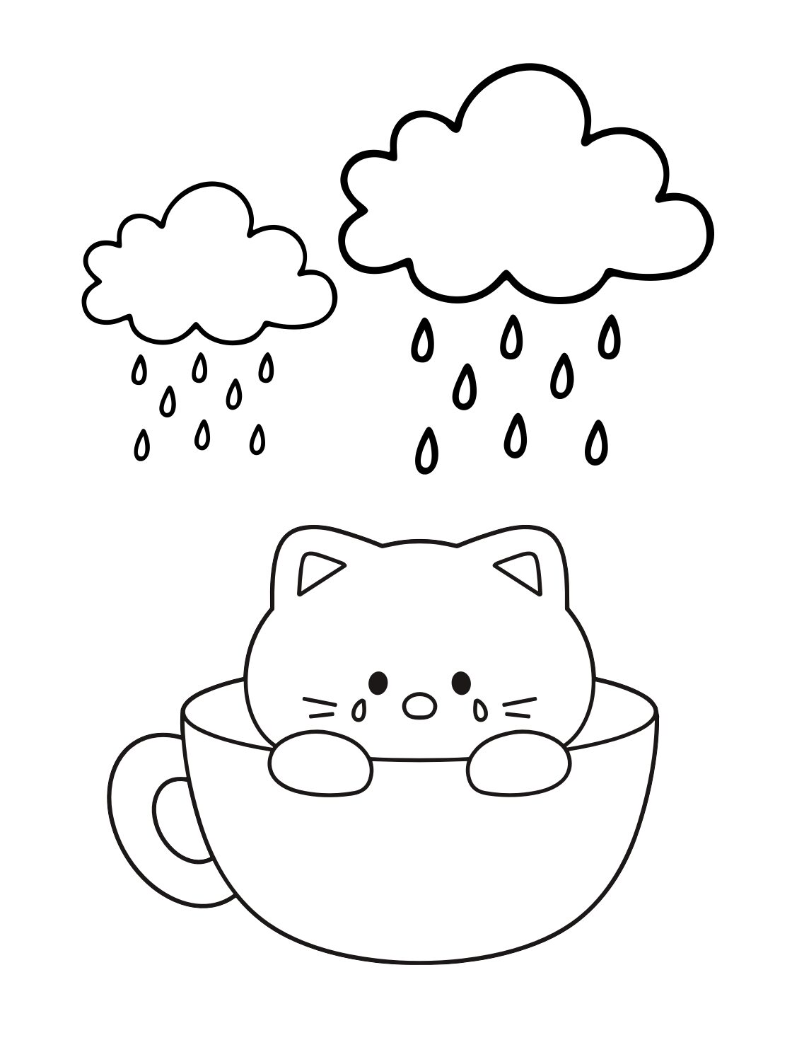 Cat Coloring Page: Cozy Kitty in a Cup on a Rainy Day (Free Printable PDF)