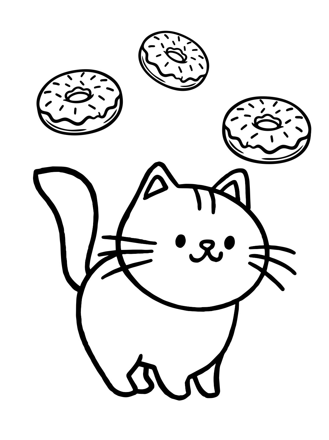 Cat Coloring Page: Cute Kitty With Donuts (Free Printable PDF)