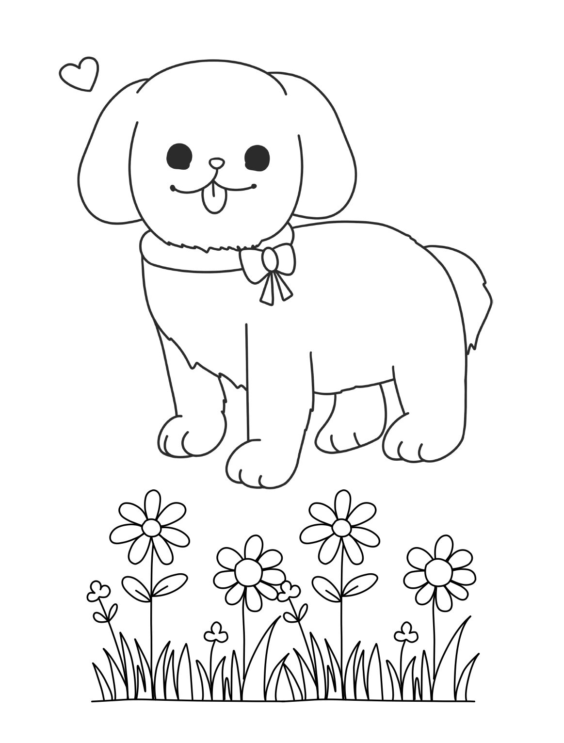 Dog Coloring Page: Cute Puppy With Flowers (Free Printable PDF)