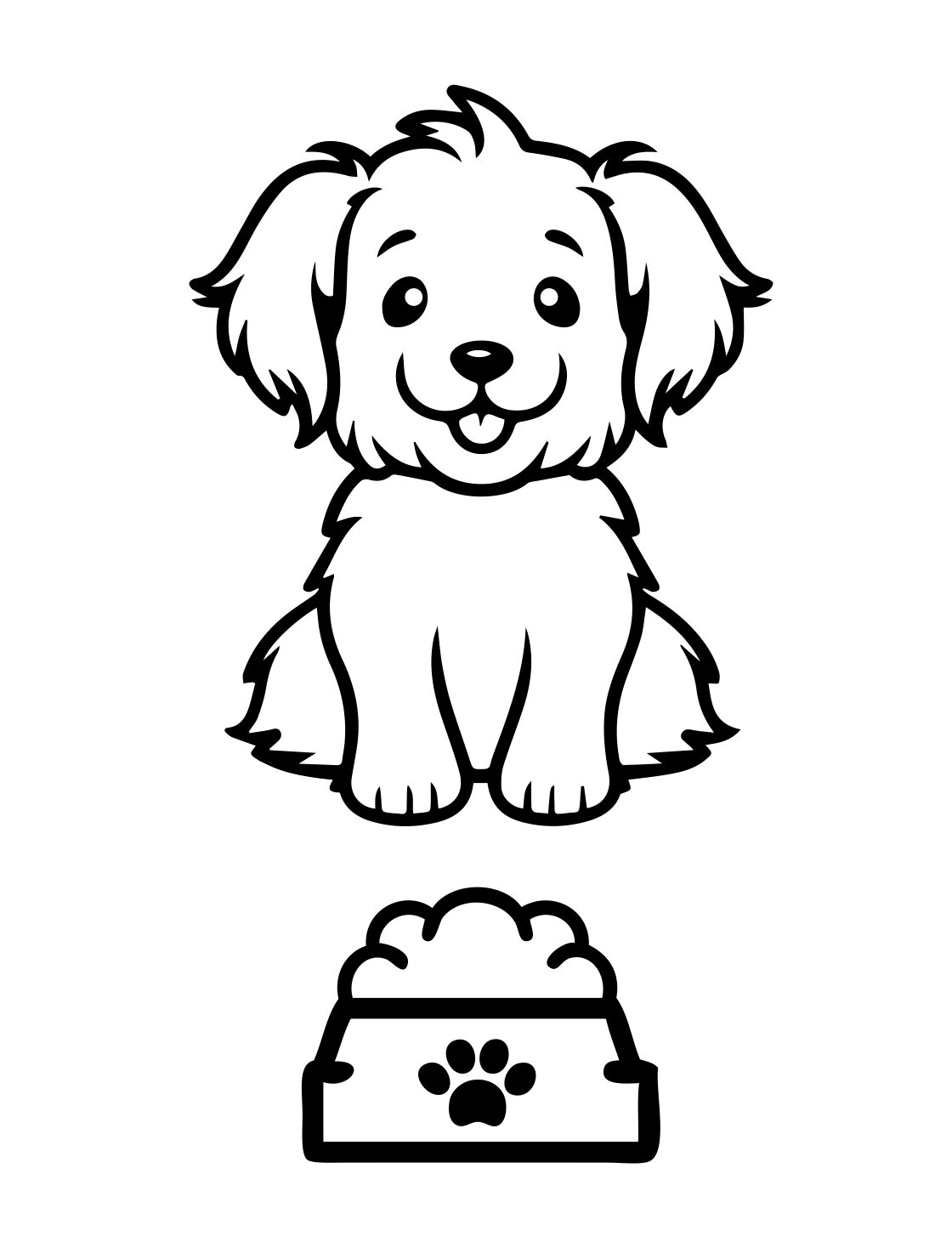 Dog Coloring Page: Cute Puppy and Food Bowl (Free Printable PDF)