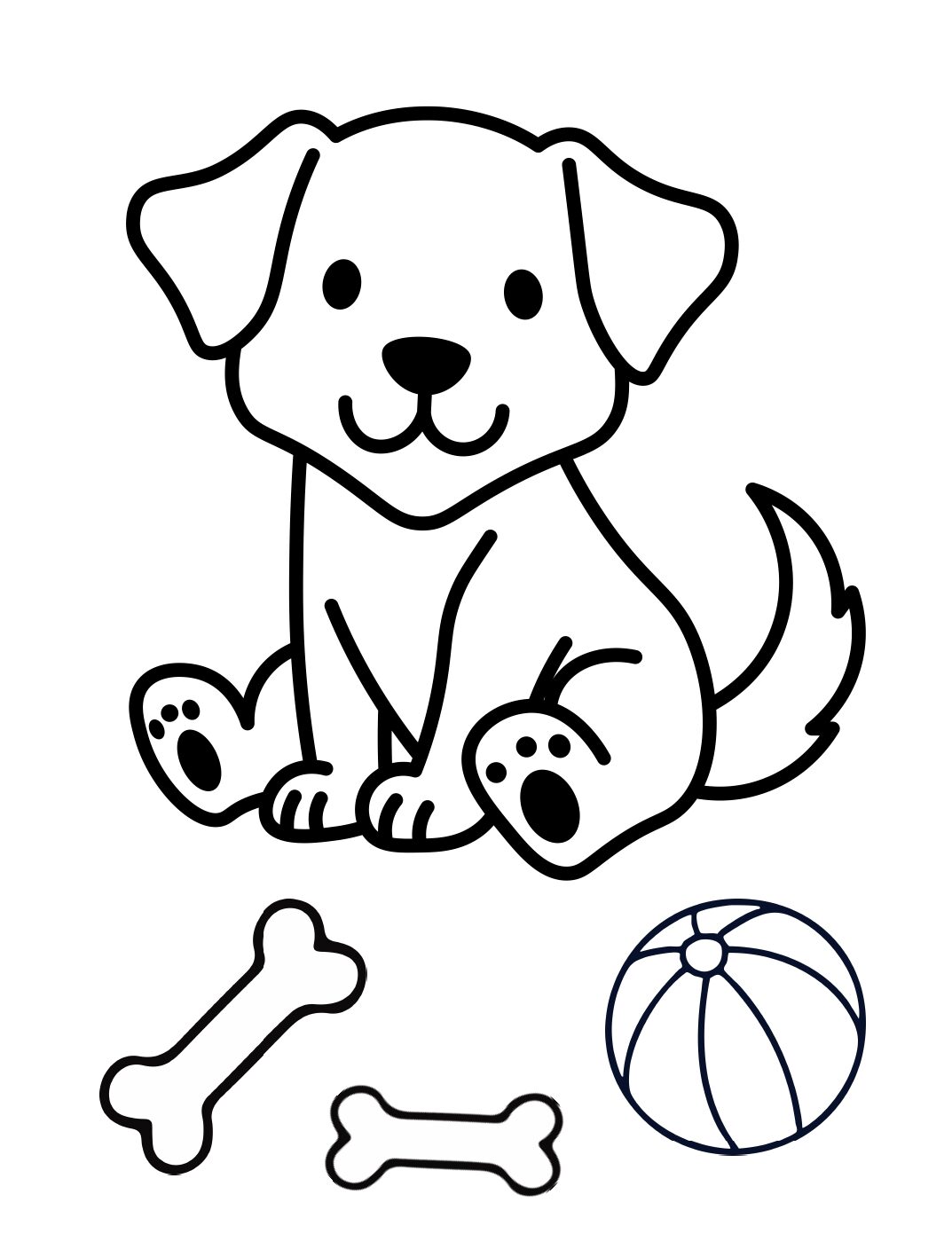 Dog Coloring Page: Puppy With Bones and Ball (Free Printable PDF)