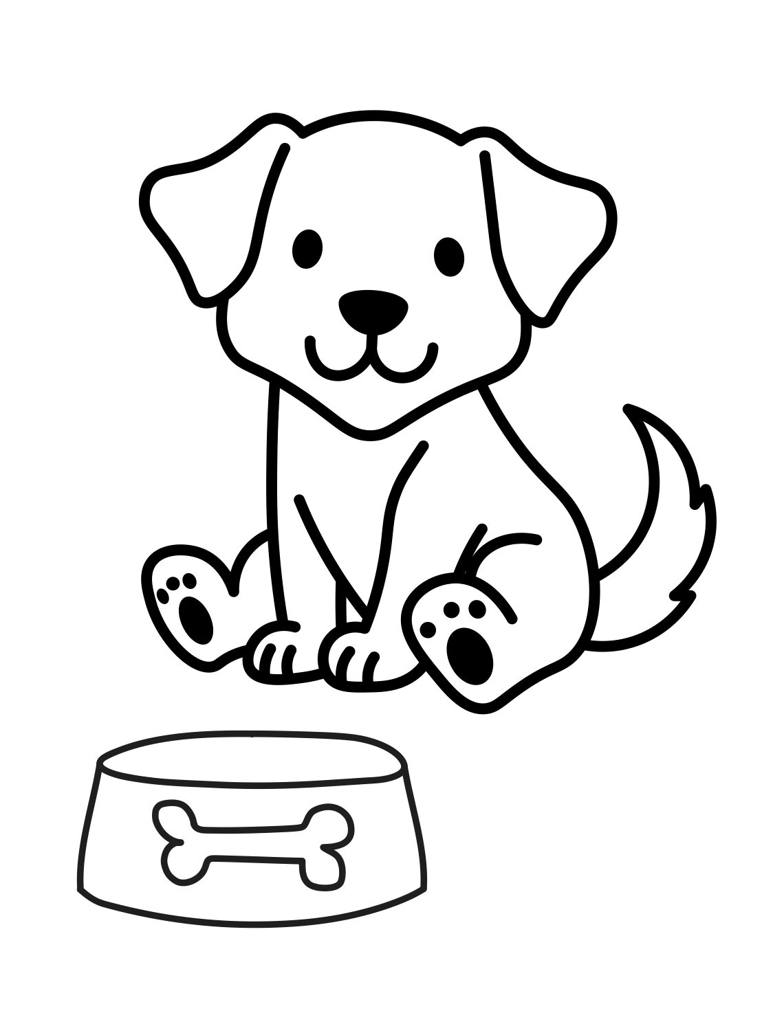 Dog Coloring Page: Puppy Waiting by a Food Bowl (Free Printable PDF)
