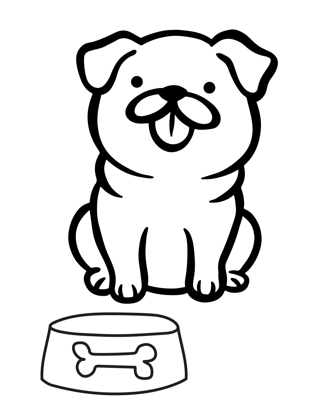 Dog Coloring Page: Chubby Puppy With Food Bowl (Free Printable PDF)