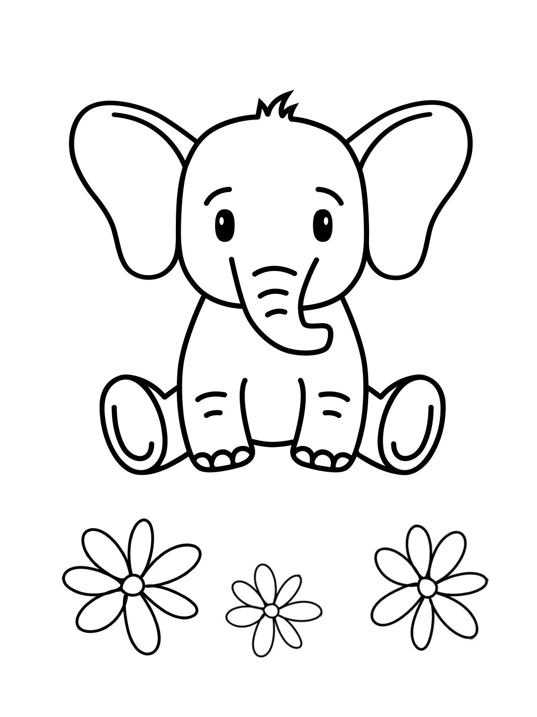 Elephant Coloring Page: Sitting Baby Elephant With Flowers (Free Printable PDF)
