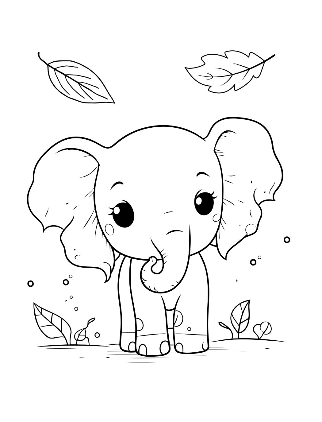 Elephant Coloring Page: Cute Baby Elephant With Leaves (Free Printable PDF)