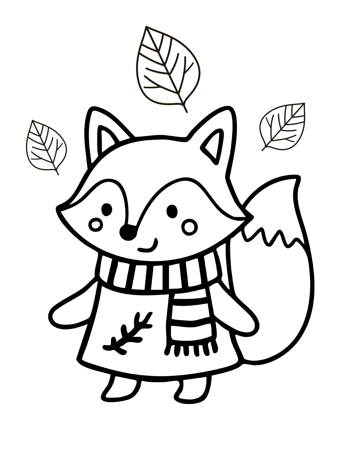 Fox Coloring Page: Cozy Fox With Scarf and Leaves (Free Printable PDF)