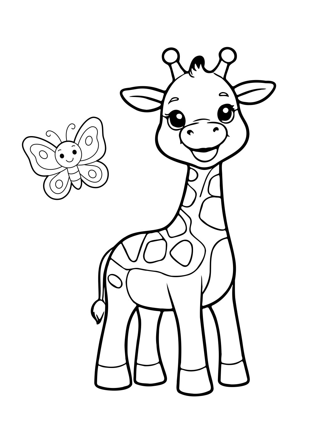 Giraffe Coloring Page: Smiling Baby Giraffe With Butterfly (Free Printable PDF)