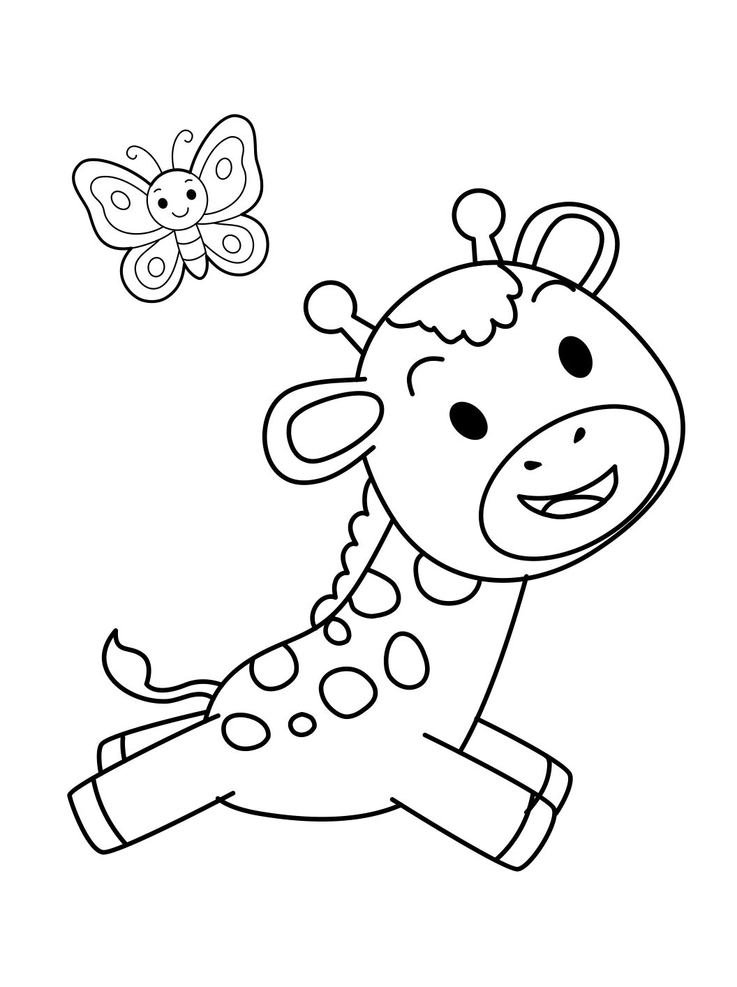 Giraffe Coloring Page: Running Baby Giraffe With Butterfly (Free Printable PDF)