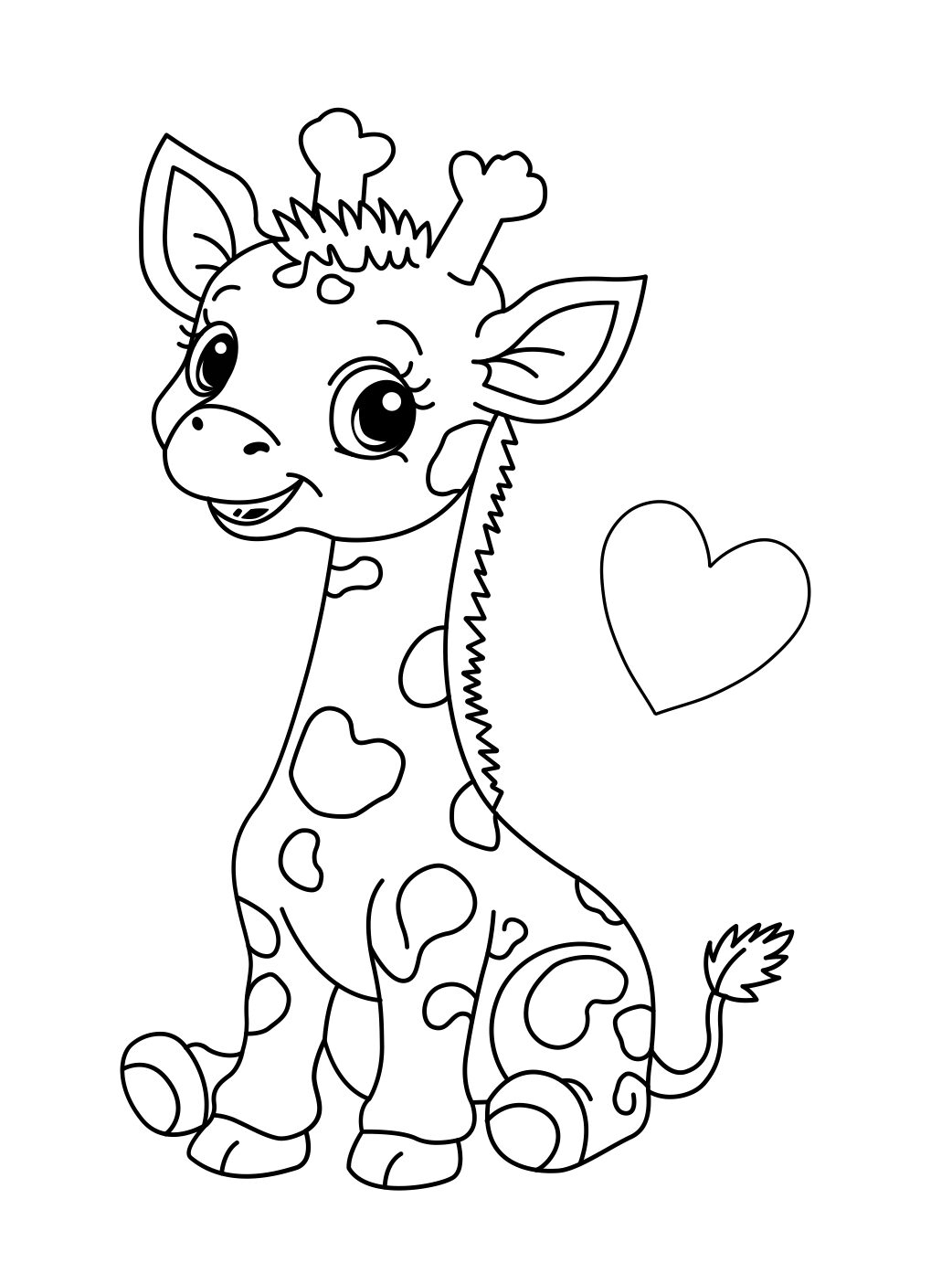 Giraffe Coloring Page: Cute Baby Giraffe With Heart (Free Printable PDF)