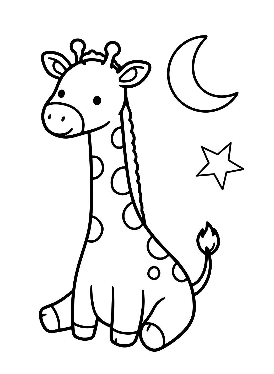 Giraffe Coloring Page: Sleeping-Time Giraffe With Moon and Star (Free Printable PDF)