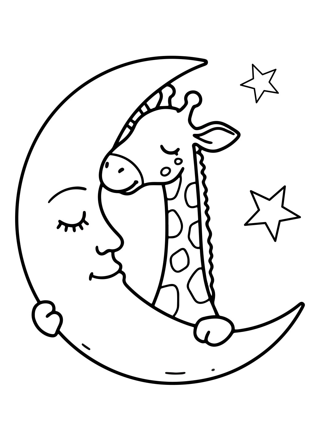 Giraffe Coloring Page: Sleepy Giraffe Hugging the Moon (Free Printable PDF)