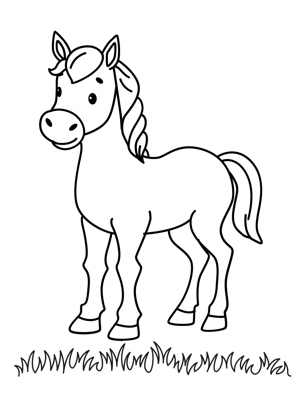 Horse Coloring Page: Friendly Horse in the Grass (Free Printable PDF)