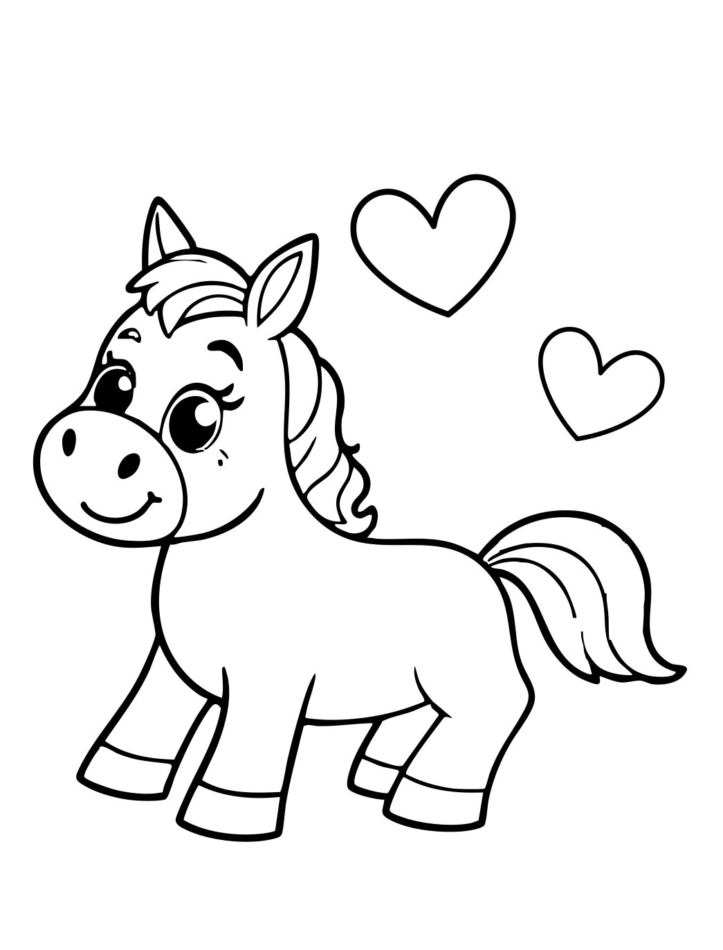Horse Coloring Page: Cute Pony With Hearts (Free Printable PDF)