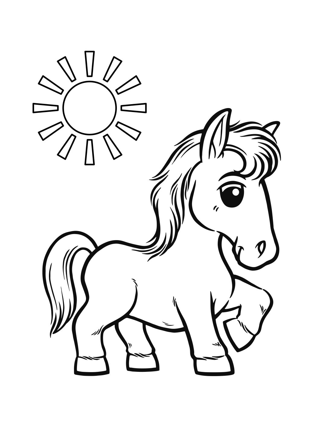 Horse Coloring Page: Sunny Day Pony With Sun (Free Printable PDF)