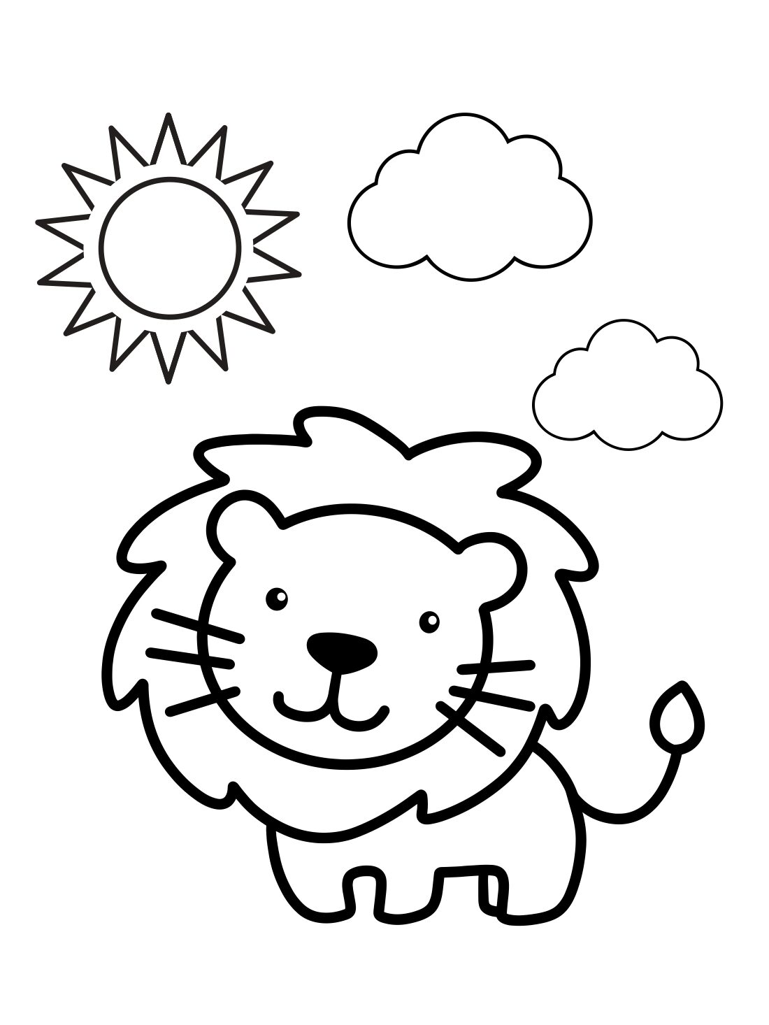 Lion Coloring Page: Cute Lion With Sun and Clouds (Free Printable PDF)