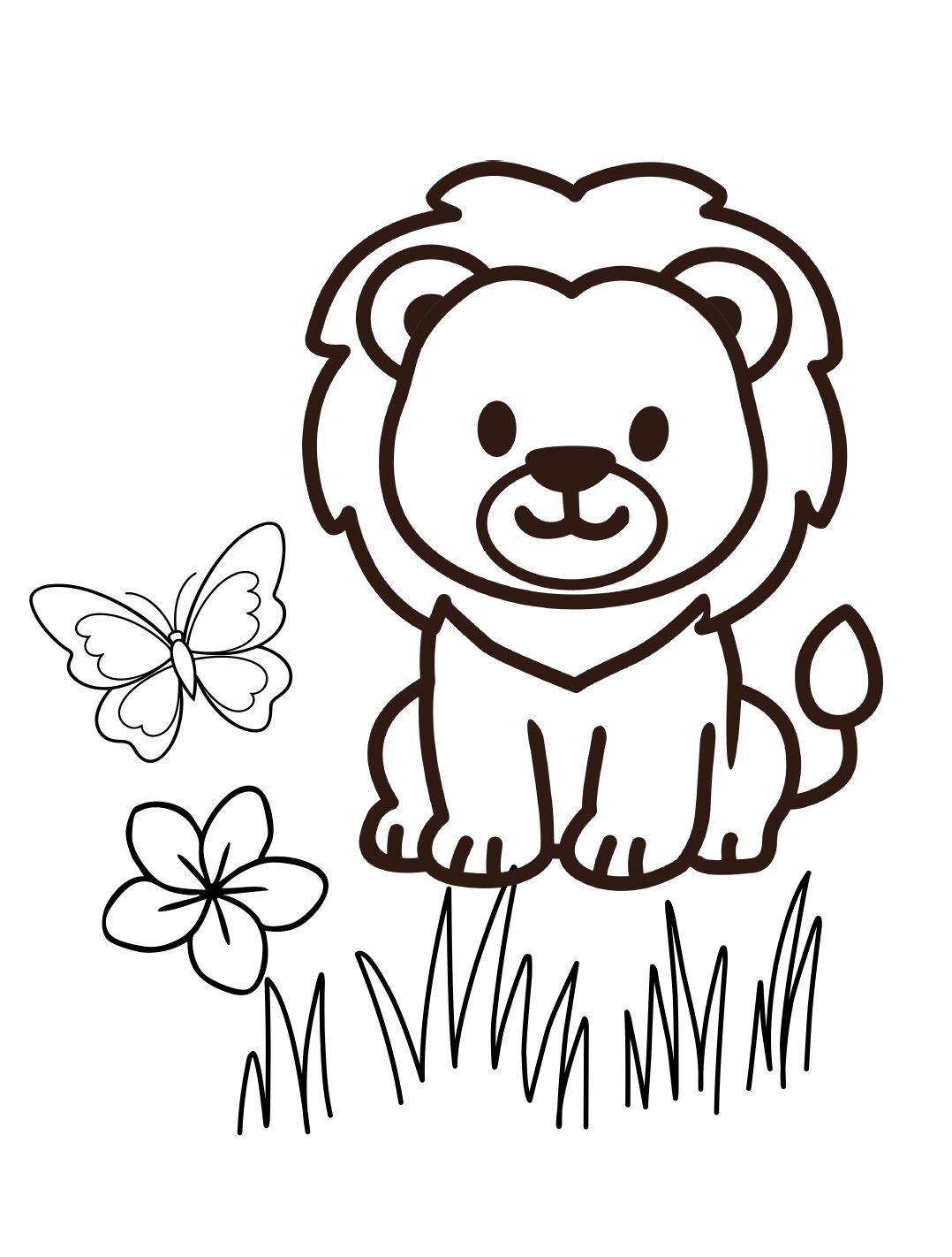 Lion Coloring Page: Cute Lion With Butterfly and Flower (Free Printable PDF)
