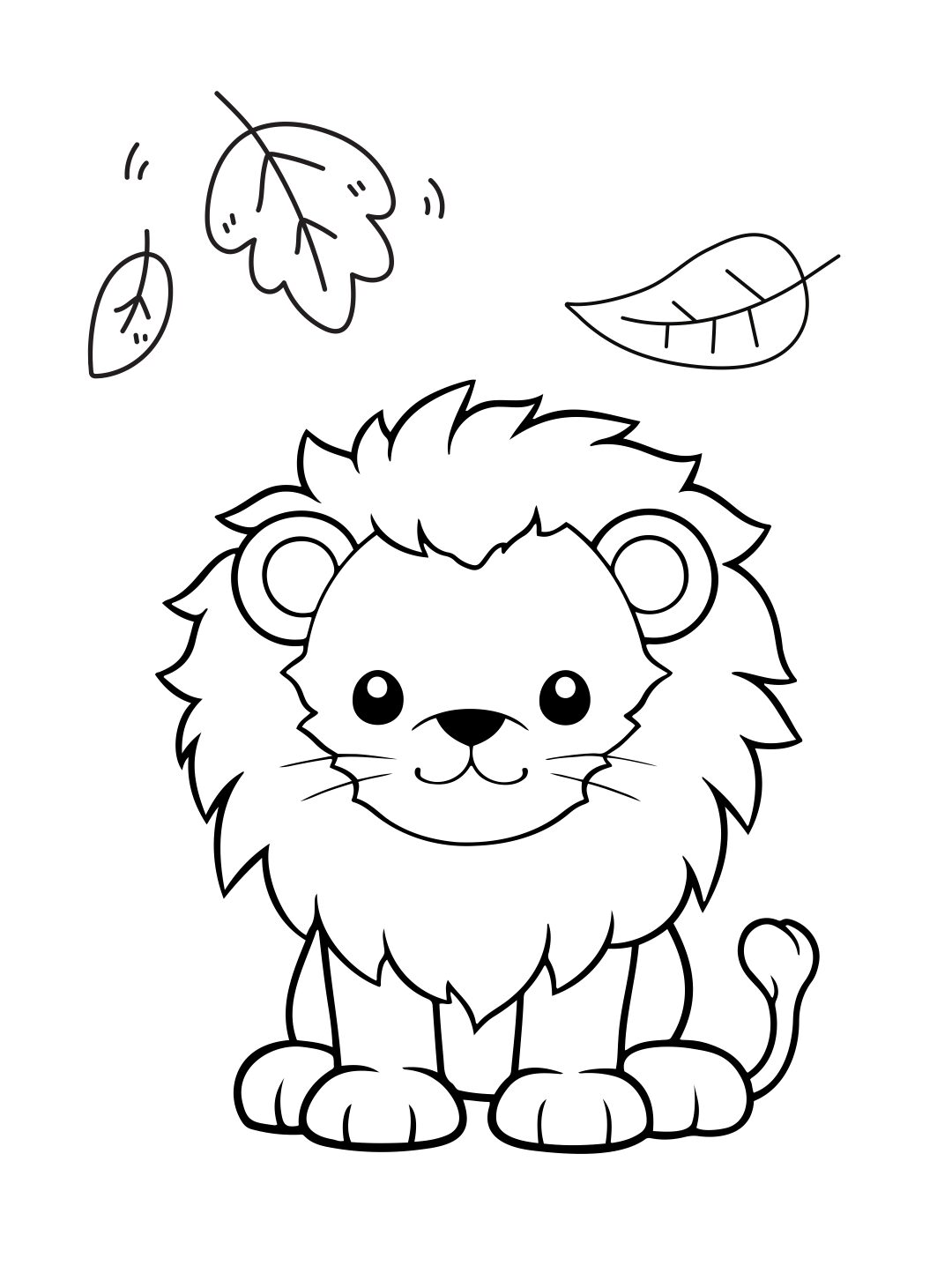 Lion Coloring Page: Cute Sitting Lion With Falling Leaves (Free Printable PDF)