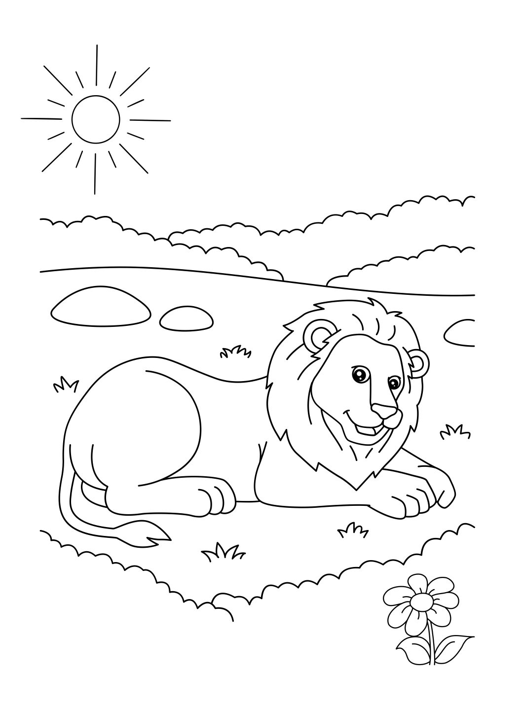 Lion Coloring Page: Resting Lion in a Sunny Field (Free Printable PDF)